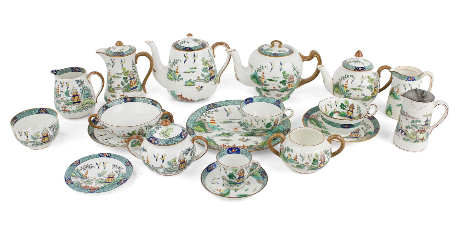 Assembled "Chinese Willow" Pattern Tea Service: Assembled "Chinese Willow" Pattern Tea Service Comprising, 3 Staffordshire teapots, two Staffordshire covered creamers, an Aynsley creamer, a Coalport creamer, Coalport open and covered sugar bowls,