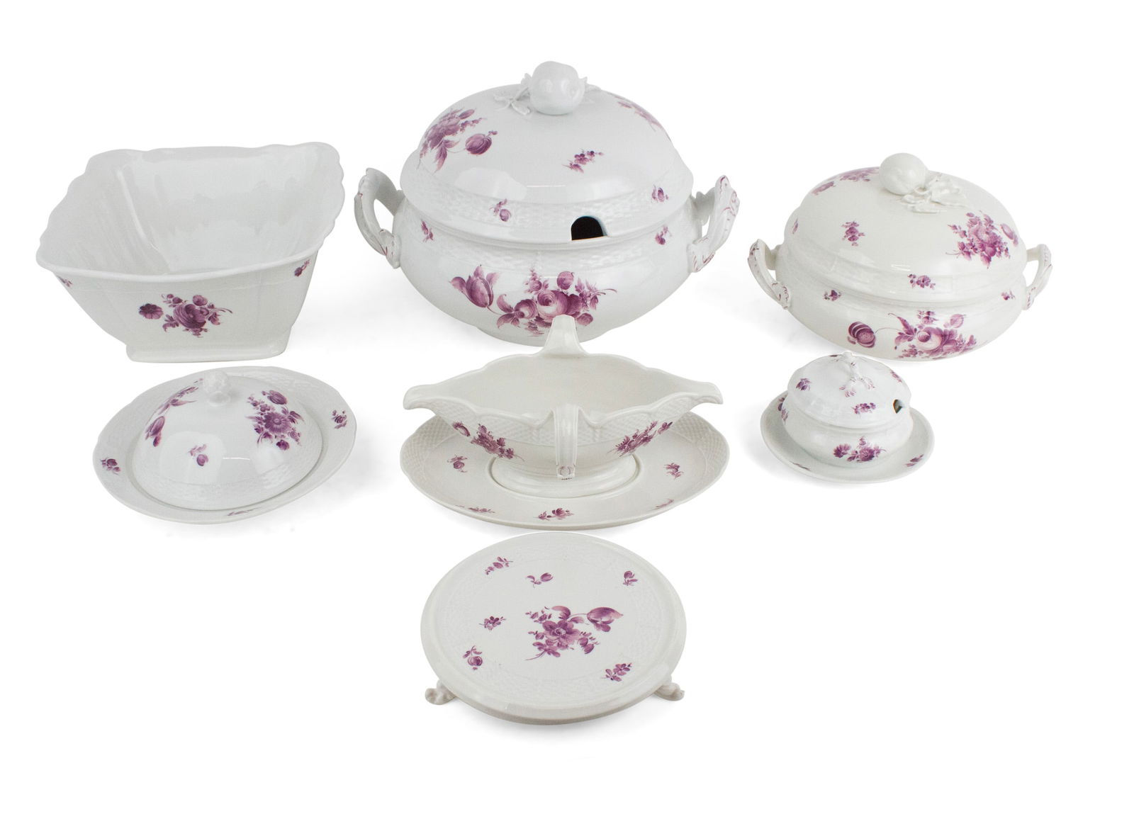 Group of Nympehnburg Purple Flower Serving Pieces: Group of Nympehnburg Purple Flower Serving Pieces Comprising, two cover tureens, a square serving bowl, a butter dish, a sauce boat with underplate, a small covered tureen with underplate, and a