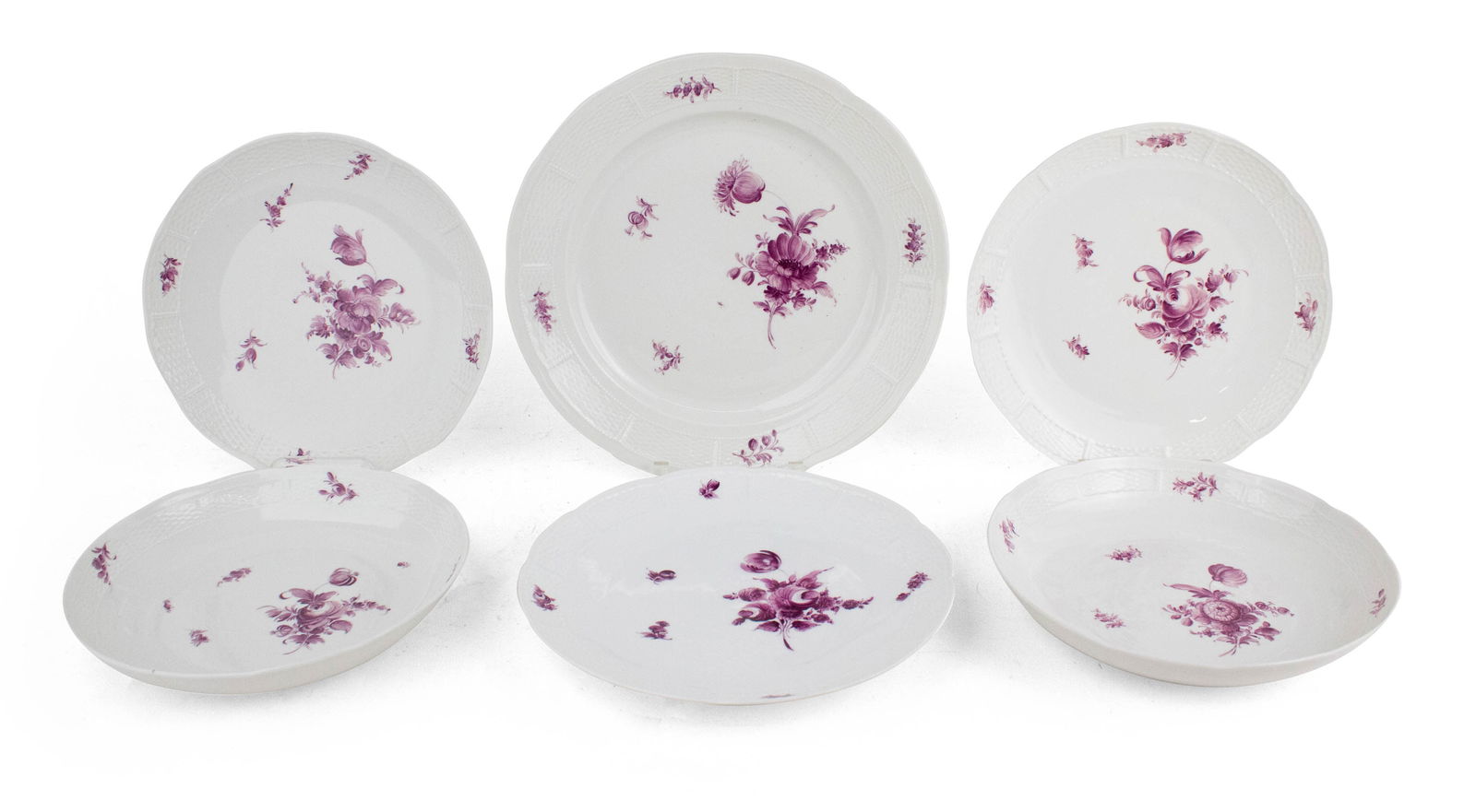 Six Nympehnburg Purple Flower Round Serving Pieces: Six Nympehnburg Purple Flower Round Serving Pieces Comprising, two bowls, 3 smaller platters and one large platter. Wear. Largest: 1 1/2 x 13 1/4 in. (3.8 x 33.7 cm.)