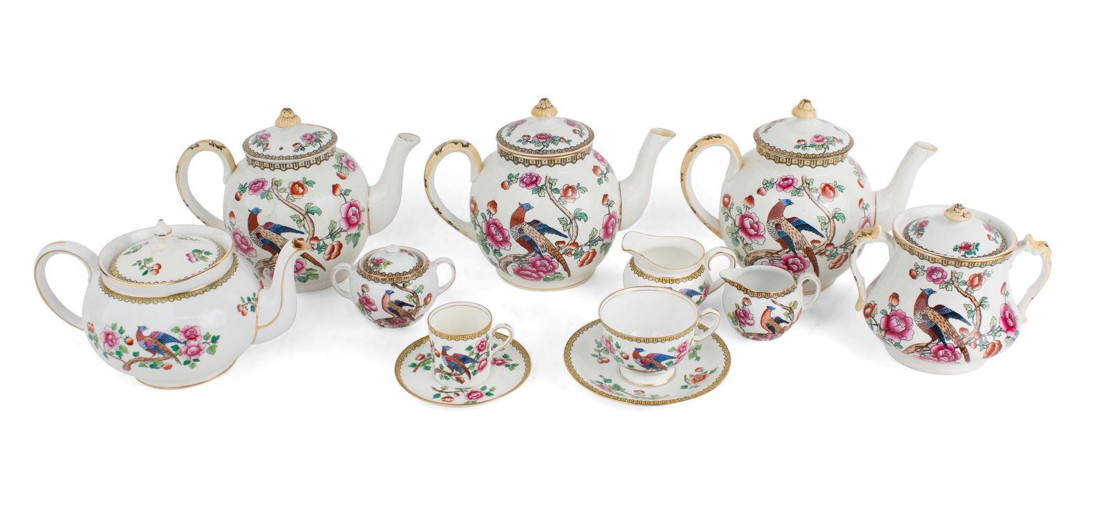 Assembled Pheasant Pattern Tea Service: Assembled Pheasant Pattern Tea Service Some Whieldon Ware Made by F. Winkle & Co., some Aynsley. Comprising, 4 teapots, two sugar bowls, two creamers, 19 footed teacups and 21 saucers, four