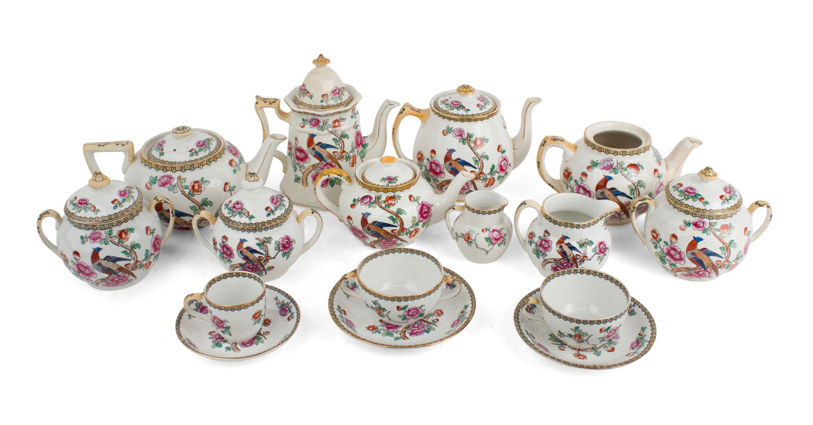 Assembled Pheasant Pattern Tea Service: Assembled Pheasant Pattern Tea Service Some Whieldon Ware Made by F. Winkle & Co., Comprising, 4 teapots, a coffee pot, three sugar bowls, two creamers, 17 teacups and 21 saucers, four demi-tasse