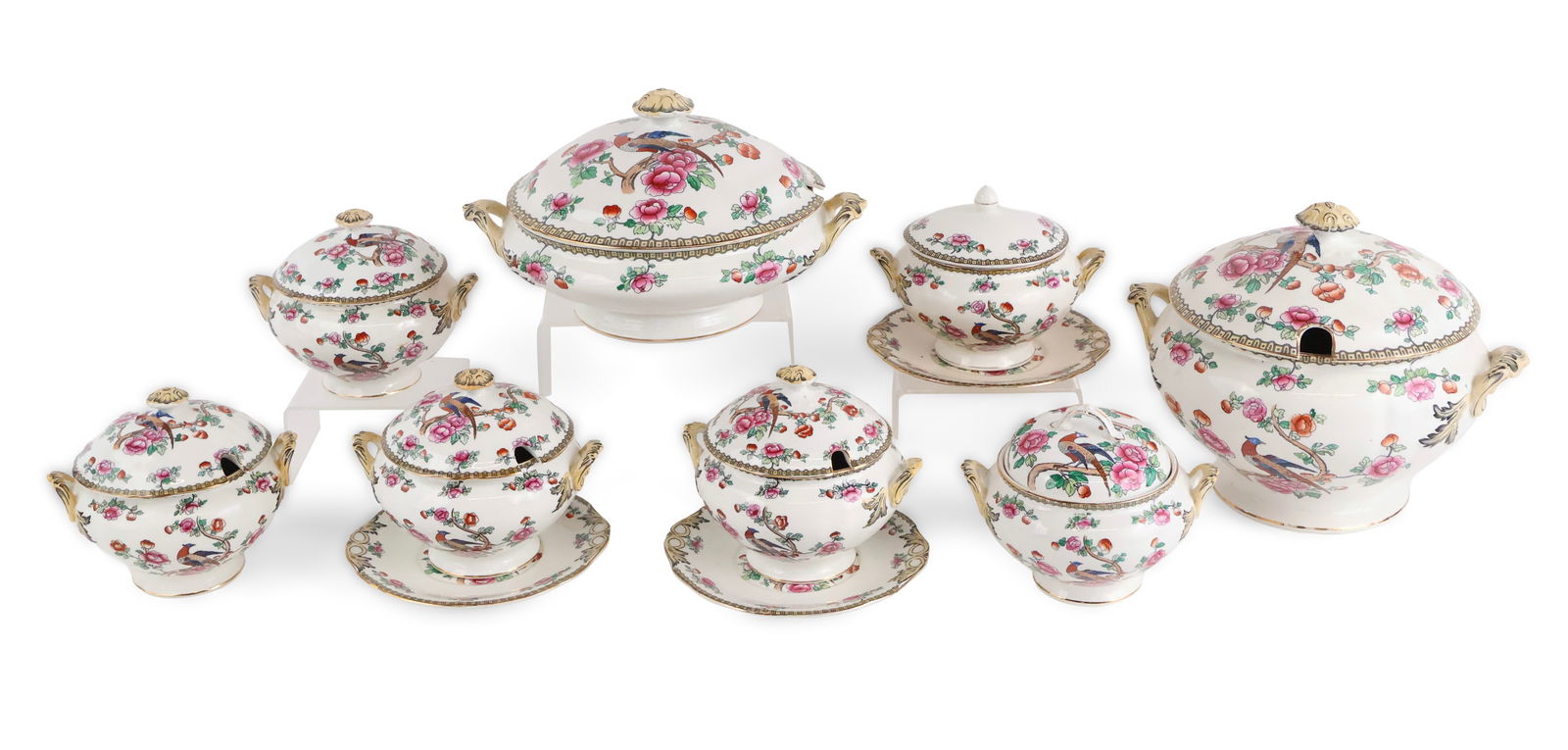 Eight Pheasant Pattern Soup and Sauce Tureens: Eight Pheasant Pattern Soup and Sauce Tureens Some with underplates, lids and underplates possibly associated. All marked Whieldon Ware. Chips, wear, surface distress. Largest: 9 x 12 x 10 in. (22.9