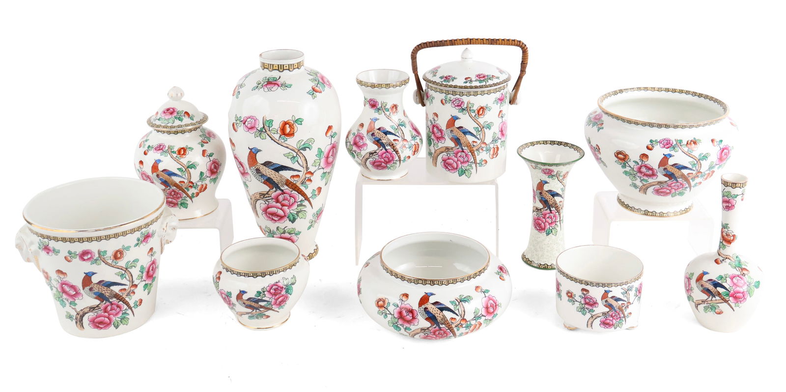 Eleven Whieldon Ware Pheasant Pattern Vases and Decorative Items: Eleven Whieldon Ware Pheasant Pattern Vases and Decorative Items Made for F. Winkel & Co. various shapes and sizes. Possibly lacking lids, wear, surface distress, losses. Largest: 12 1/4 x 6 1/4 in.