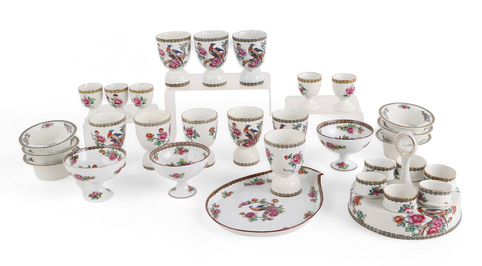 Twenty-Four Whieldon Ware Pheasant Pattern Serving Pieces: Twenty-Four Whieldon Ware Pheasant Pattern Serving PiecesIncluding, ramekins, double egg cups, egg cups, footed bowls, and a egg cup set. Including, Aynsley, Whieldon Ware and Victoria Austria.Wear, l