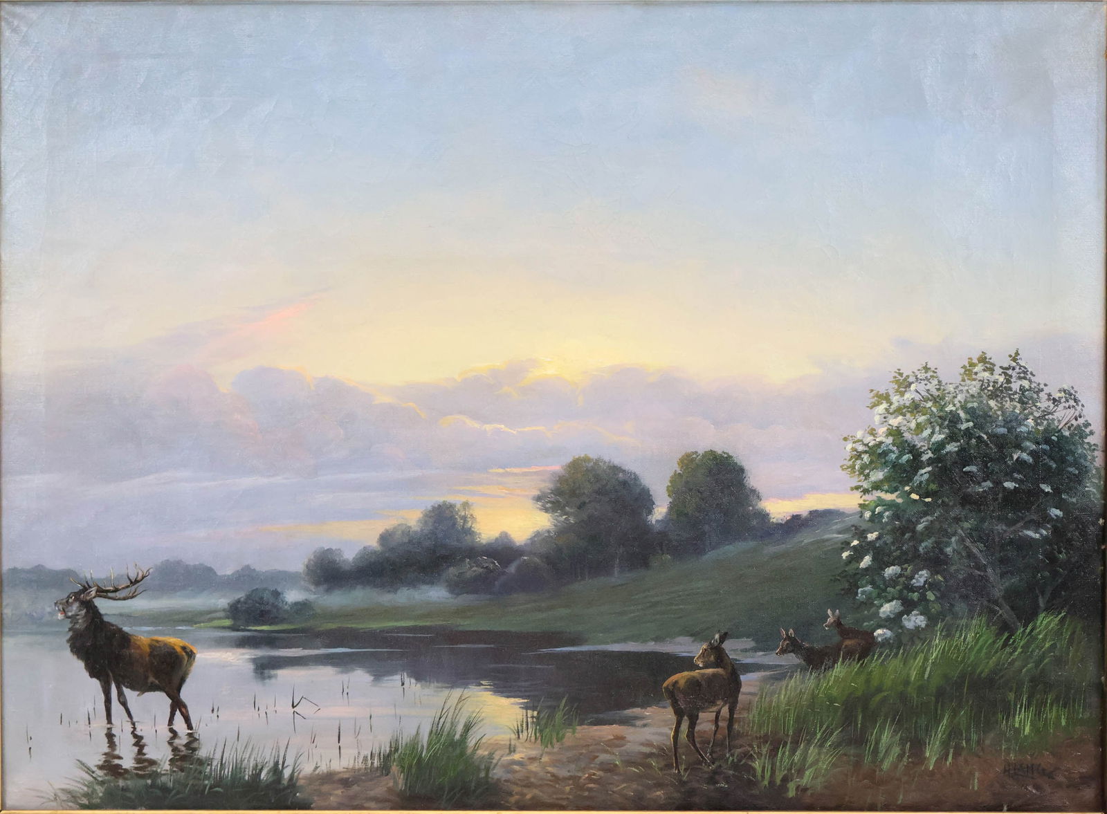 Hans (1898) Lang, 1898-1971, Deer on Lake's Edge, Oil on Canvas: Hans (1898) Lang 1898-1971 Deer on Lake's Edge Oil on Canvas Signed l.r. Sight: 25 1/2 x 34 1/2 in. (64.8 x 87.6 cm.), Frame: 34 x 43 in. (86.4 x 109.2 cm.)