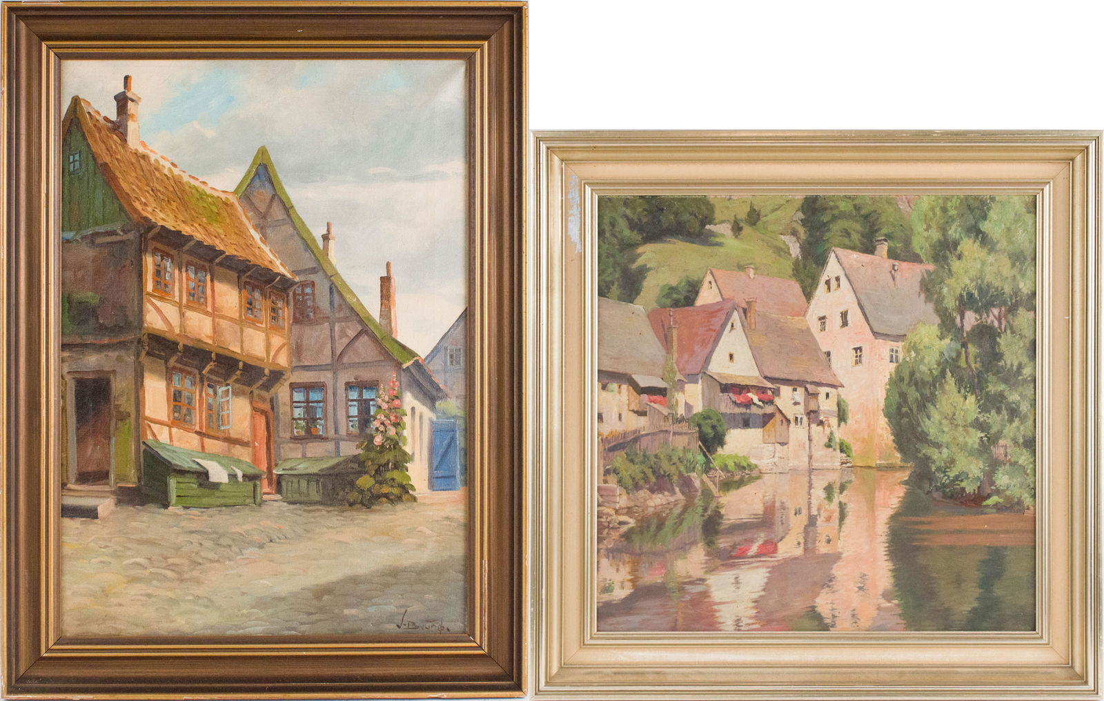 Valdemar Brunoe, Alpine Village Scene, Oil on Canvas: Valdemar Brunoe Alpine Village Scene Oil on Canvas Signed l.r. "V. Brunoe". Together with a German village scene, oil on board, bears label verso. Largest Sight: 25 x 17 1/2 in. (63.5 x 44.5 cm.),