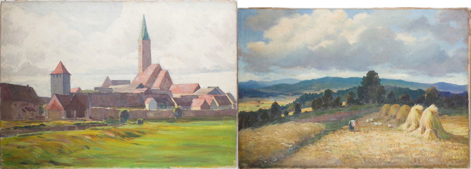 J. Cerny, Woman and Geese in Wheatfield, Oil on Canvas: J. Cerny Woman and Geese in Wheatfield Oil on Canvas Signed l.r. Together with a European village scene, oil on canvas, appears to be unsigned. Lacking frames, wear, surface distress. Largest: 27