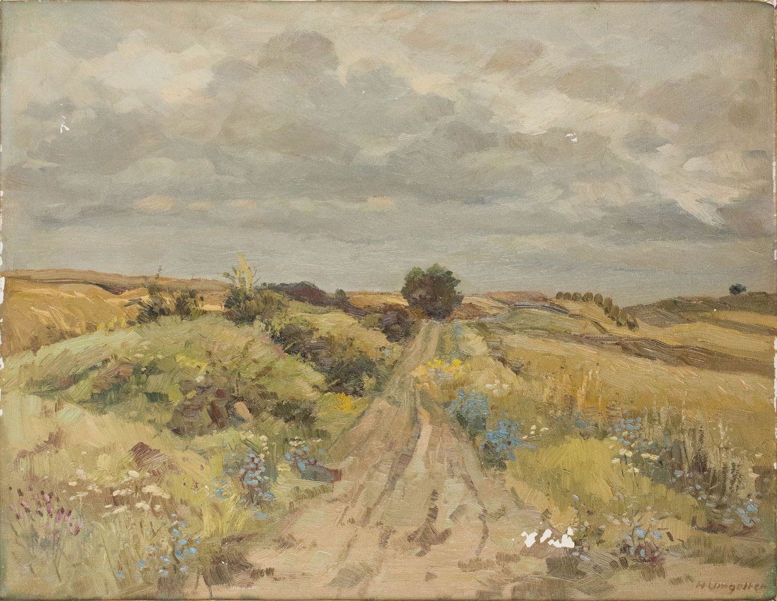 Hermann Umgelter, 1891-1962, Pastoral Landscape, Oil on Canvas: Hermann Umgelter 1891-1962 Pastoral Landscape Oil on Canvas Signed l.r. "H. Umgelter" and labeled verso. Losses to paint. Sight: 22 1/2 x 29 in. (57.2 x 73.7 cm.), Frame: 30 x 36 1/2 in. (76.2 x
