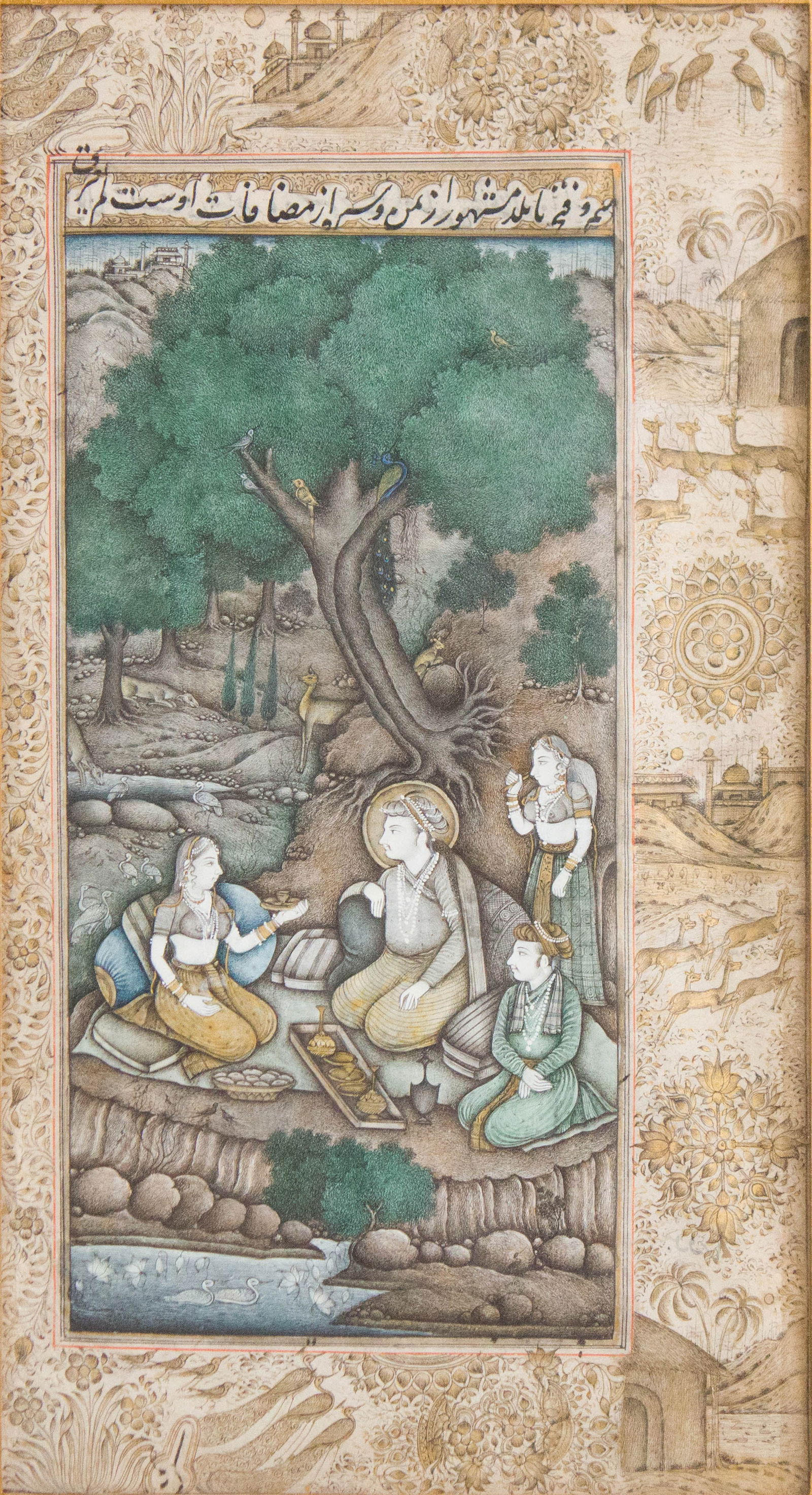 Indian Miniature Painting of a Mughal King: Indian Miniature Painting of a Mughal King 19th/20th C. Depicting Jahangir and Nur Jahan. Sight: 7 3/8 x 4 in. (18.7 x 10.2 cm.), Frame: 12 3/4 x 9 1/4 in. (32.4 x 23.5 cm.)