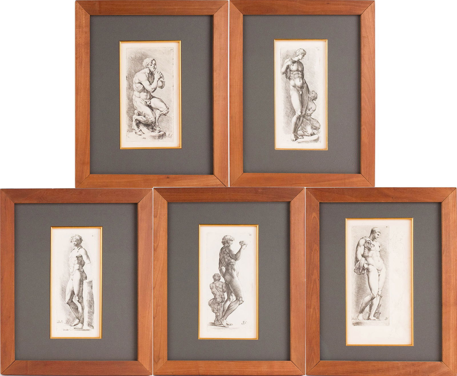 Jan "de" Bisschop, 1628-1671, Five Classical, Prints: Jan "de" Bisschop 1628-1671 Five Classical Prints One titled "Dionysus with a Crouching Satyr", "Pan", "Dionysus", "Bacchus", and "Hermes". Sight: 10 1/2 x 5 1/2 in. (26.7 x 14 cm.), Frame: 16 x 13