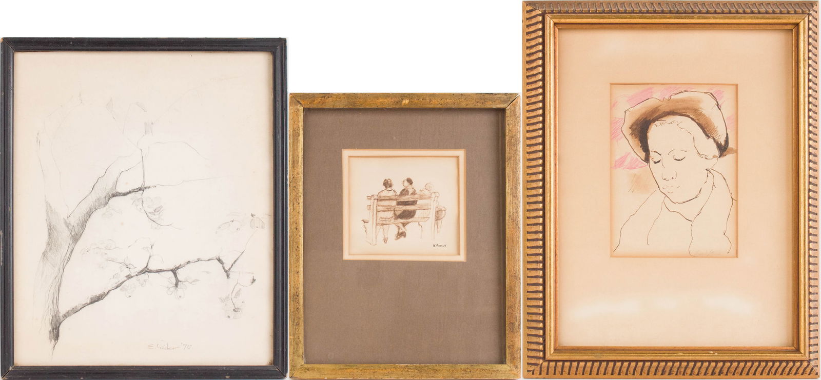 Portrait of Man in Hat, Mixed Media on Paper: Portrait of Man in Hat Mixed Media on Paper Possibly signed "Joseph Stella" l.r. Together with a pencil drawing of a flowering tree branch, signed "E. Yeder '75" l.r. and a a drawing of two figures