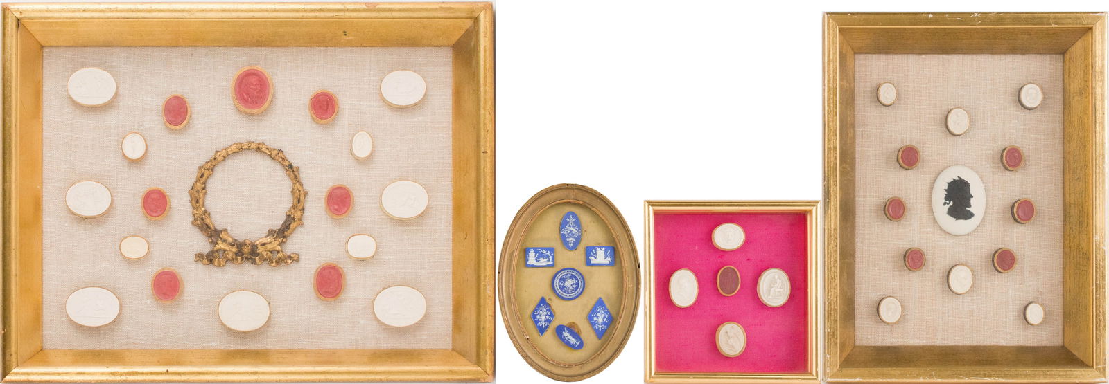 Four Framed Sets of Medallions: Four Framed Sets of Medallions Including bisque, jasperware and wax examples. Largest: 14 x 17 1/4 in. (35.6 x 43.8 cm.)