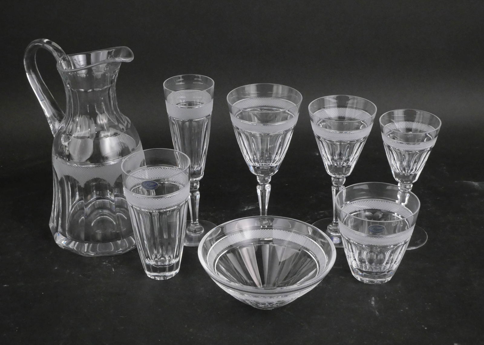 Group of Rogaska "Fascination" Stemware: Group of Rogaska "Fascination" Stemware With original boxes, boxes were not opened to check for accurate count. Approximately, 12 flutes, 12 lowballs, 11 highballs, 12 white wine, 12 red wine, 12