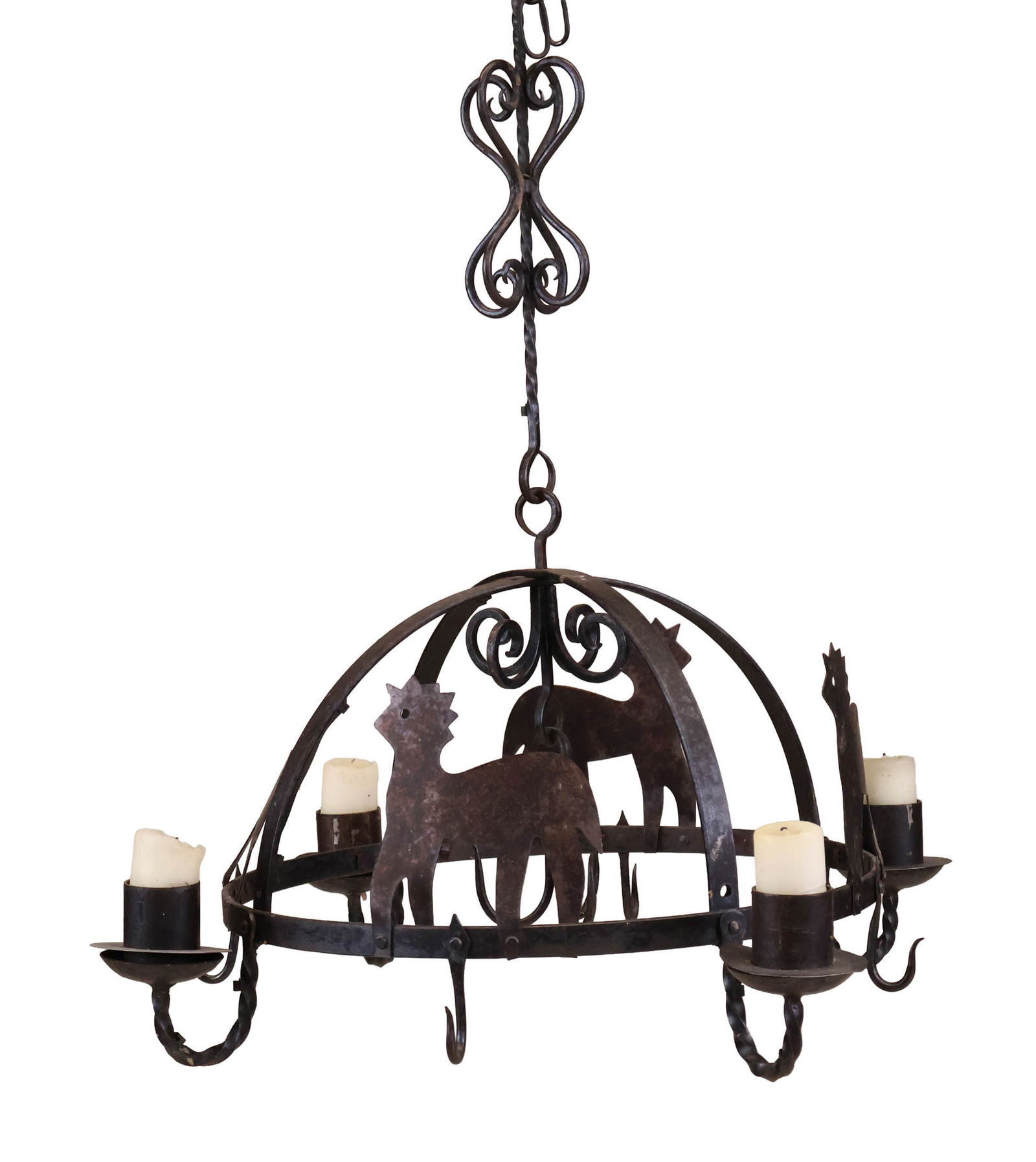 Chapman Iron Pot Hanger Hanging Light: Chapman Iron Pot Hanger Hanging Light With four arms, not electrified, decorated with animal figures. Some surface distress and wear. 27 1/2 x 23 1/2 in. (69.9 x 59.7 cm.)