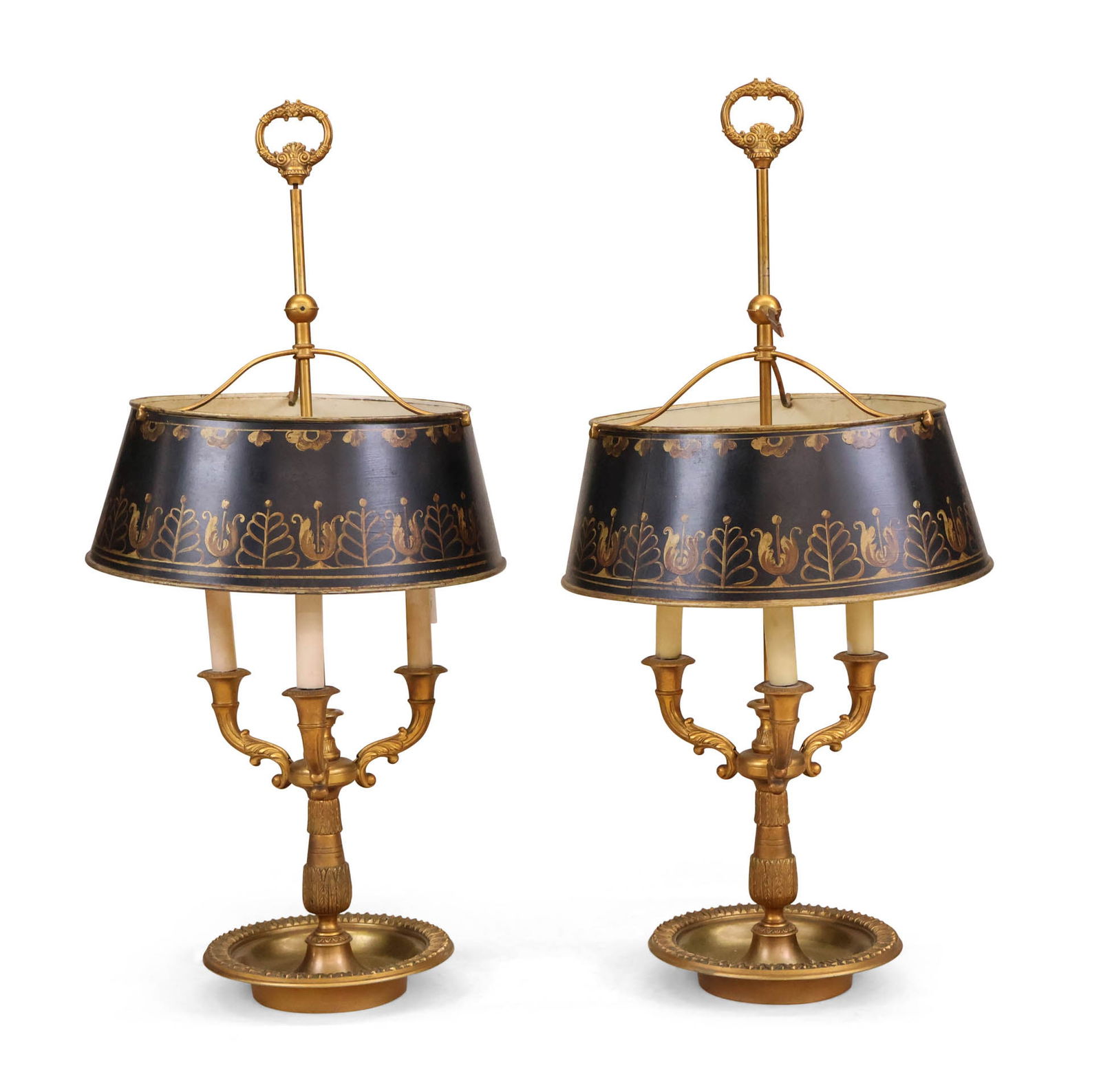 Pair of Louis XVI Style Ormolu and Tole Bouillotte Lamps: Pair of Louis XVI Style Ormolu and Tole Bouillotte Lamps 20th C. Some surface distress. 30 1/2 x 14 1/4 in. (77.5 x 36.2 cm.)
