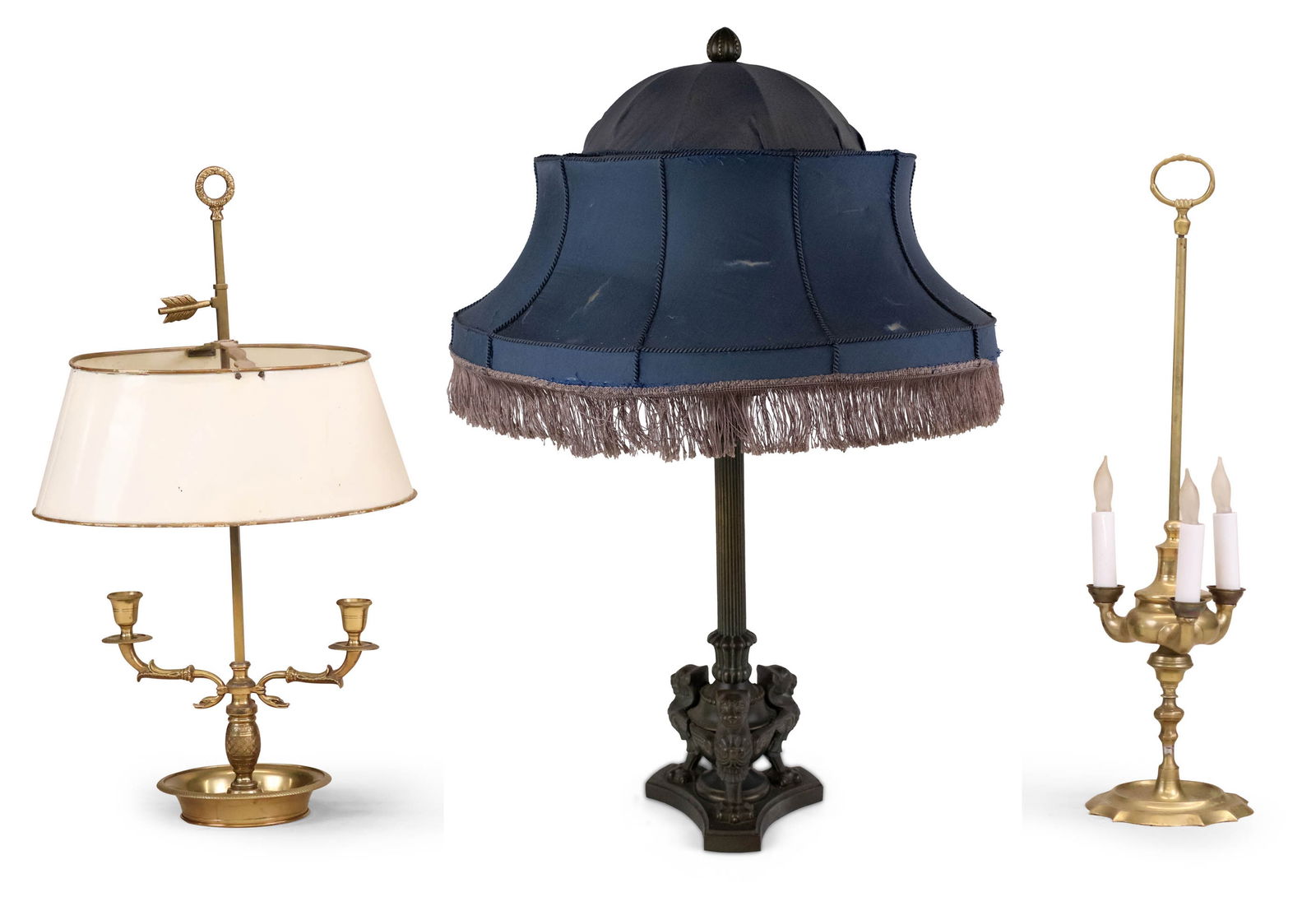 Louis XVI Style Ormolu Bouillotte Lamp: Louis XVI Style Ormolu Bouillotte Lamp 20th C. Together with a brass oil lamp, electrified, and a Neoclassical style patinated metal table lamp. 3 pieces Surface distress, wear. Overall: 23 1/4 in.
