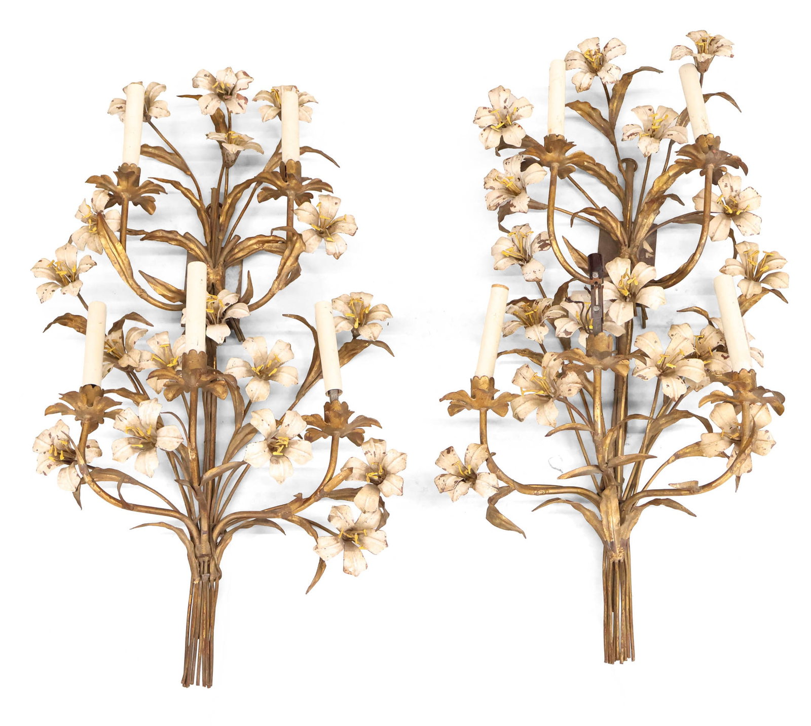 Pair of Gilt and White Painted Tole Floral Wall Sconces (1 of 11)