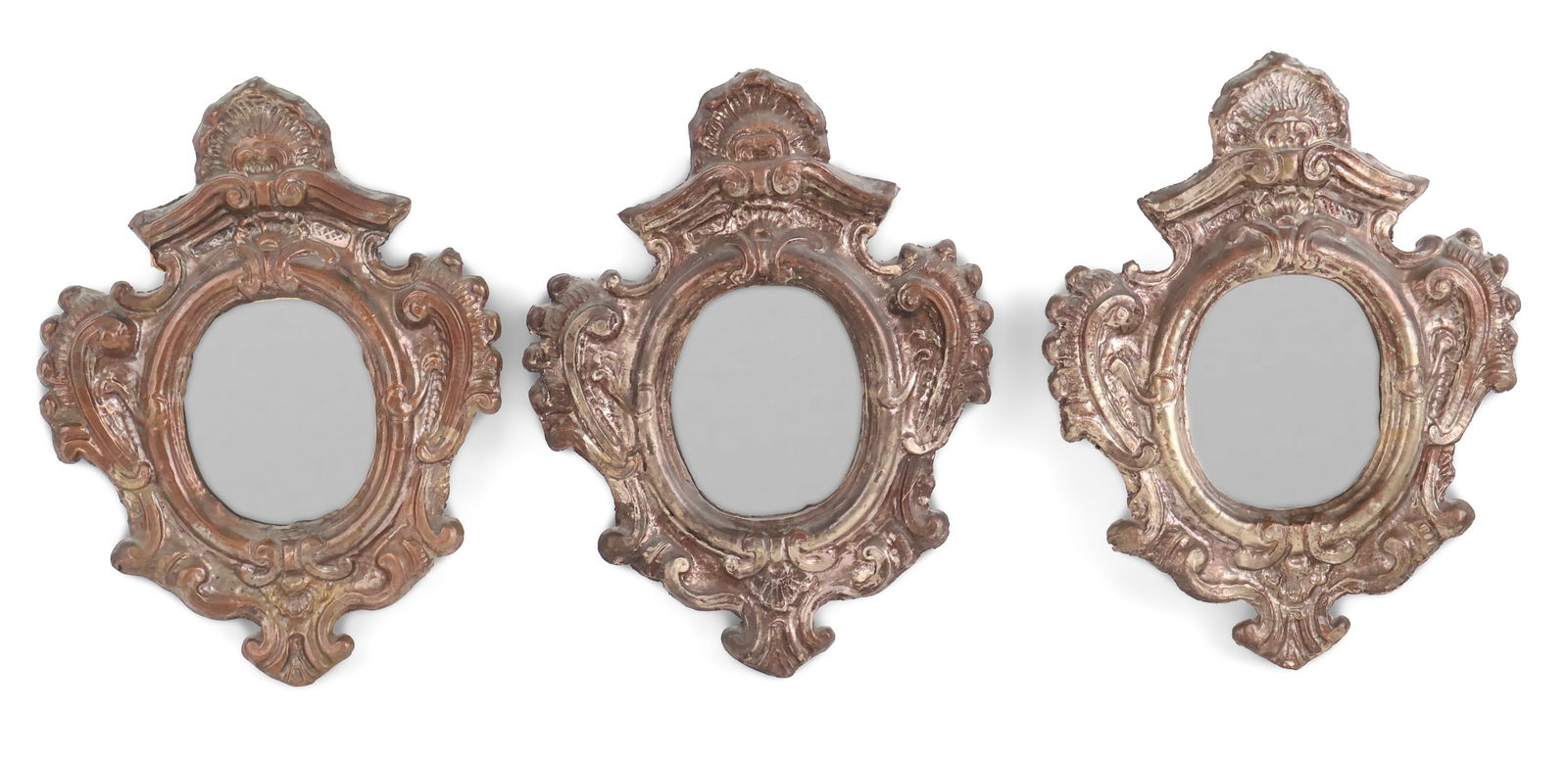 Thirteen Rococo Style Tin Diminutive Mirrors: Thirteen Rococo Style Tin Diminutive Mirrors 20th C. Surface distress, some bends. 13 3/4 x 9 1/2 in. (34.9 x 24.1 cm.)