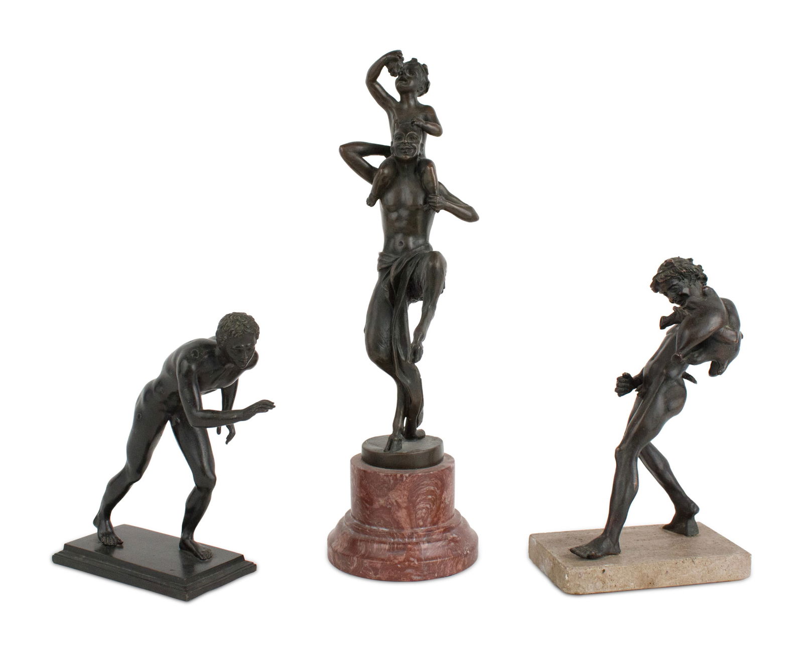 Three Grand Tour, Patinated Metal Sculptures: Three Grand Tour Patinated Metal Sculptures Depicting a faun and boy, an athlete, and a satyr. Tallest: 16 x 5 in. (40.6 x 12.7 cm.)