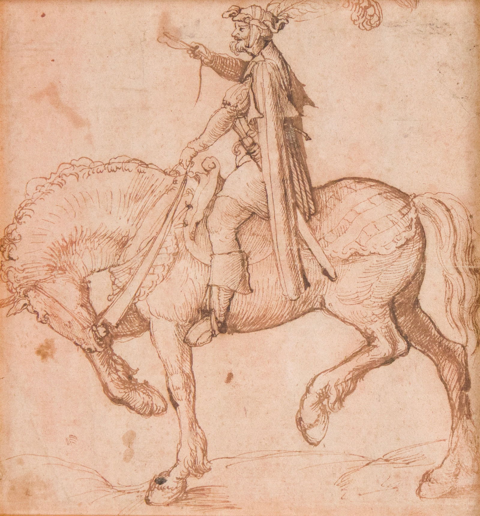 Old Master drawing, Man on Horseback, Pen and Ink on Paper: Old Master drawing, Man on HorsebackPen and Ink on PaperEuropean, 17th/18th C.Appears to be unsigned.Sight: 8 x 7 1/2 in. (20.3 x 19.1 cm.), Frame: 17 1/4 x 14 3/4 in. (43.8 x 37.5 cm.)