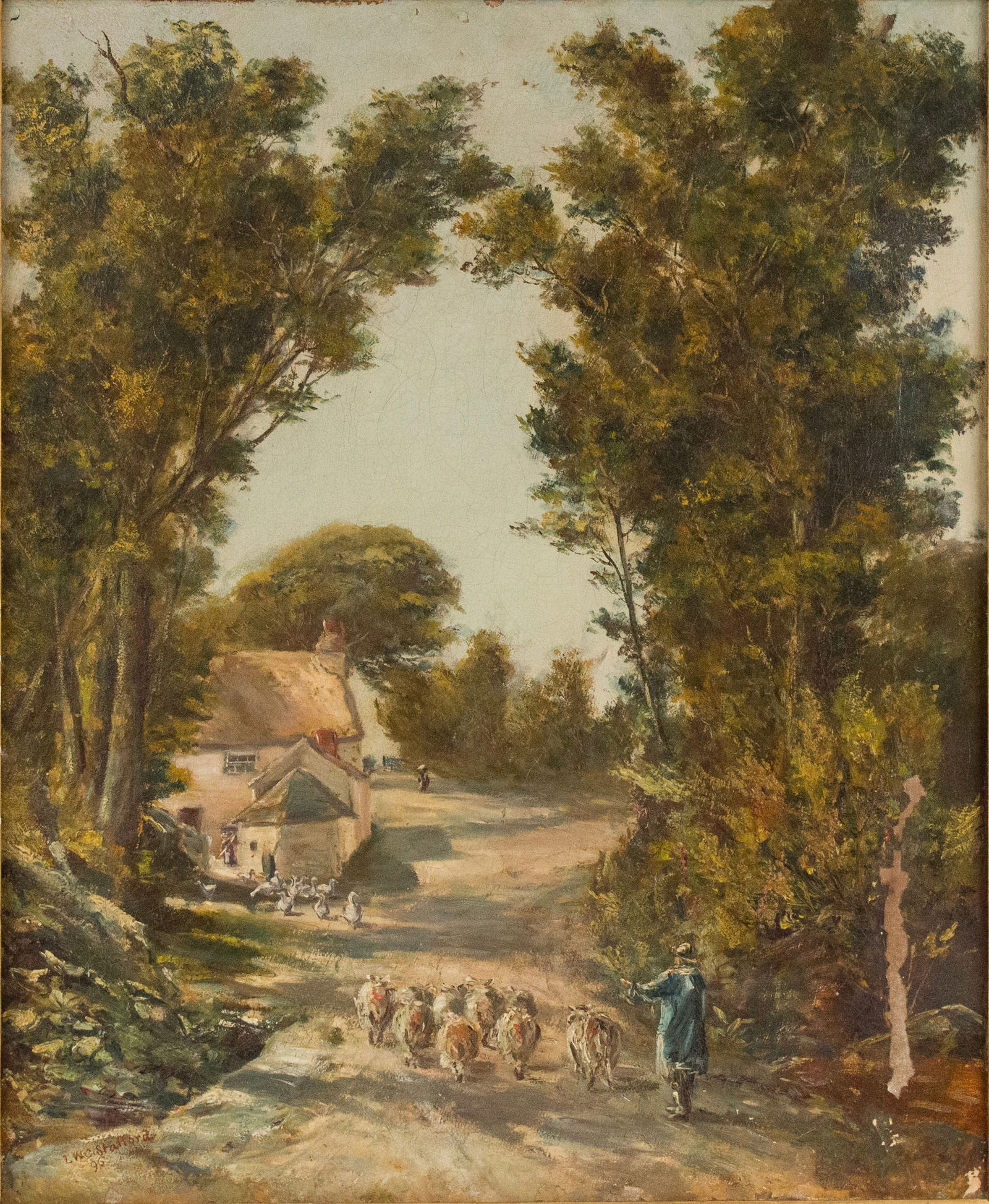 L.C.W. Stafford, Sheep on a Country Road, Oil on Canvas: L.C.W. Stafford Sheep on a Country Road Oil on Canvas Signed l.l. and dated '96. Losses to paint. Sight: 23 1/2 x 19 1/2 in. (59.7 x 49.5 cm.), Frame: 31 1/2 x 27 1/4 in. (80 x 69.2 cm.)