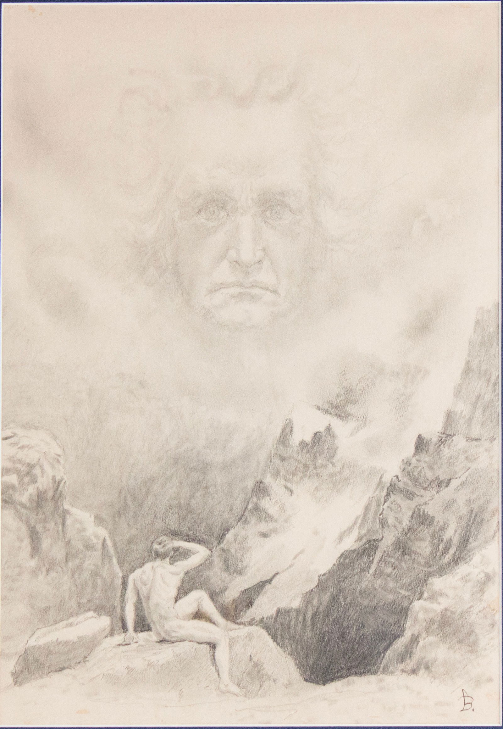 Nude Man on Mountain with Face of God, Pencil on Paper: Nude Man on Mountain with Face of God Pencil on Paper Initialed "B" l.r. Possibly the face of Beethoven. Sight: 19 x 13 in. (48.3 x 33 cm.), Frame: 36 x 25 in. (91.4 x 63.5 cm.)