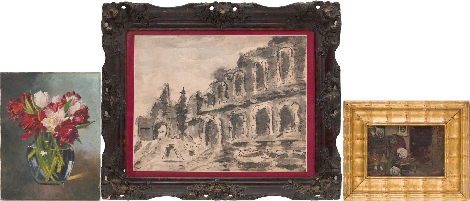 Hinterhuber, Still Life of Flowers, Oil on Canvas: Hinterhuber Still Life of Flowers Oil on Canvas Signed l.l. and dated 1928. Together with an oil on board interior scene and a ink and wash on paper of ruins. 3 pieces Largest Sight: 14 x 18 in.