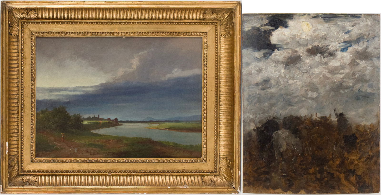 Bucolic Landscape, Oil on Canvas: Bucolic LandscapeOil on CanvasInitialed l.r. "C.L.F. '59" and an oil on board of abstract cows, signed l.r.Largest Sight: 10 3/4 x 14 3/4 in. (27.3 x 37.5 cm.), Frame: 17 x 21 in. (43.2 x 53.3 cm.)