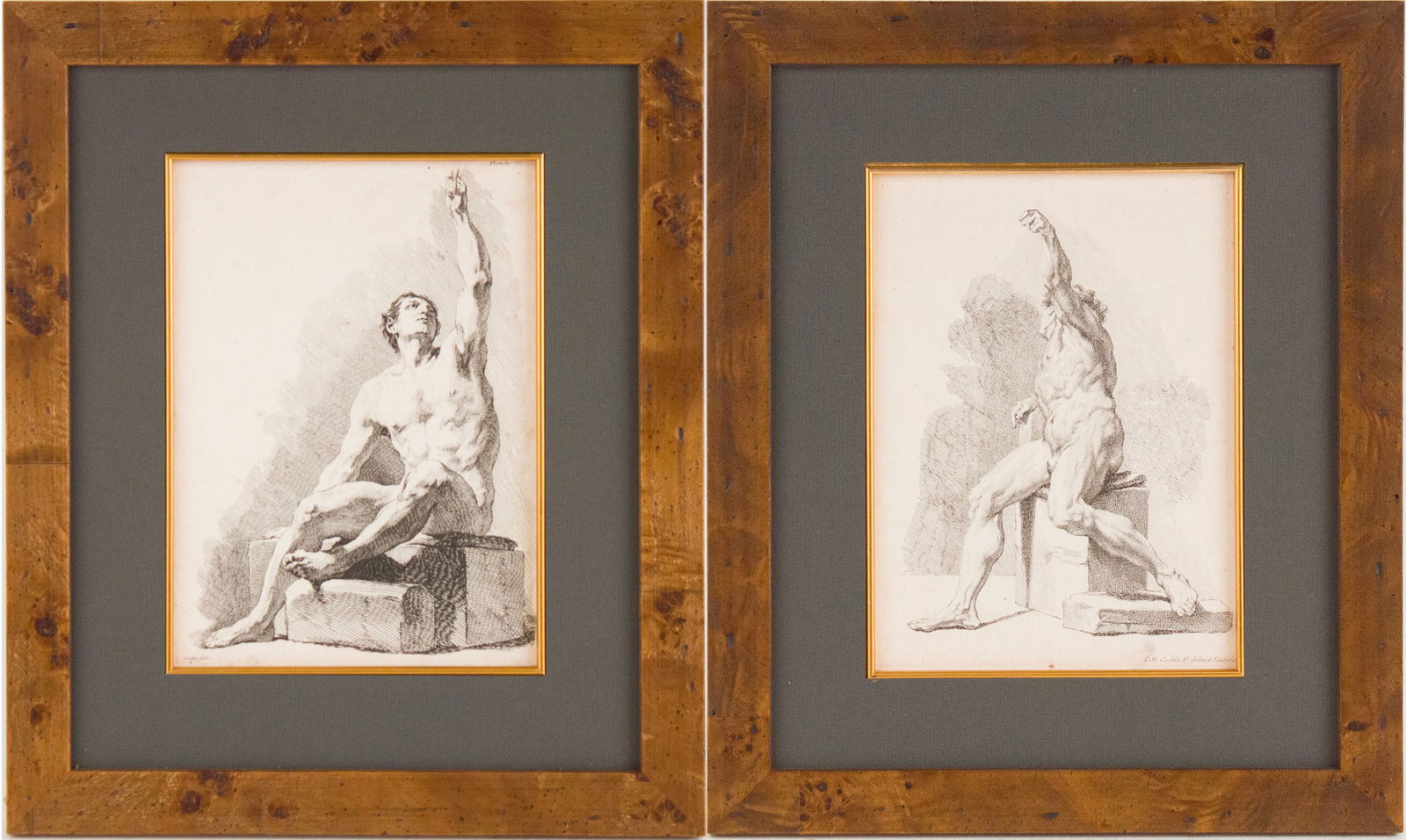 Nicholas Cochin, Two Anatomy Studies, Etching: Nicholas Cochin Two Anatomy Studies Etching Each man seated with one arm raised. Sight: 9 x 6 1/2 in. (22.9 x 16.5 cm.), Frame: 15 1/4 x 12 3/4 in. (38.7 x 32.4 cm.)