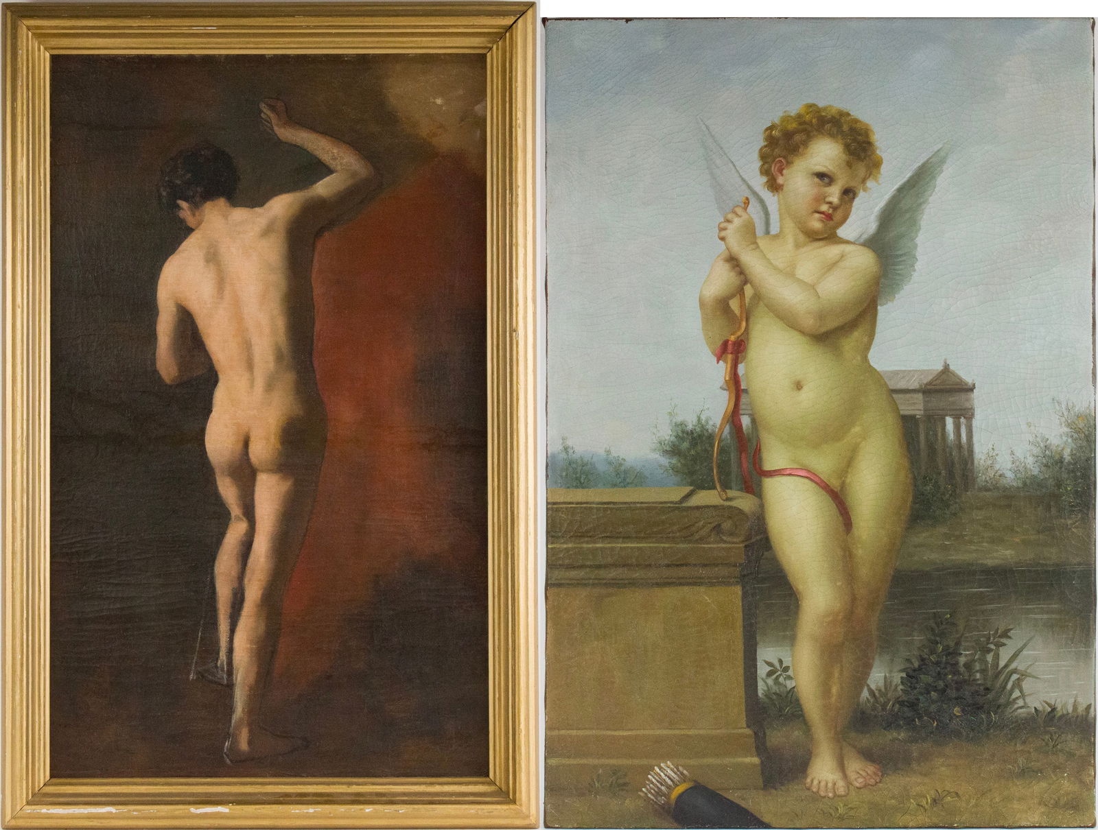 Standing Nude Man, Oil on Board: Standing Nude Man Oil on Board Appears to be unsigned. Together with an oil on canvas of a putti in a classical background. Craquelure, losses to paint. Largest Sight: 31 1/2 x 19 1/2 in. (80 x