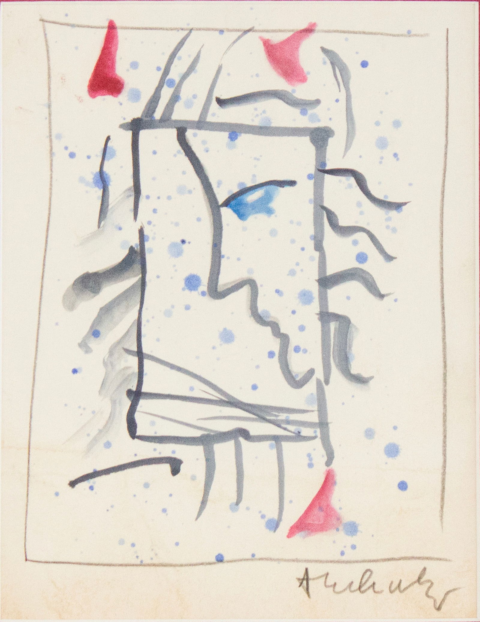 Pierre Alechinsky, Belgian 1927, Abstract Face, Watercolor and Ink on Paper (1 of 5)
