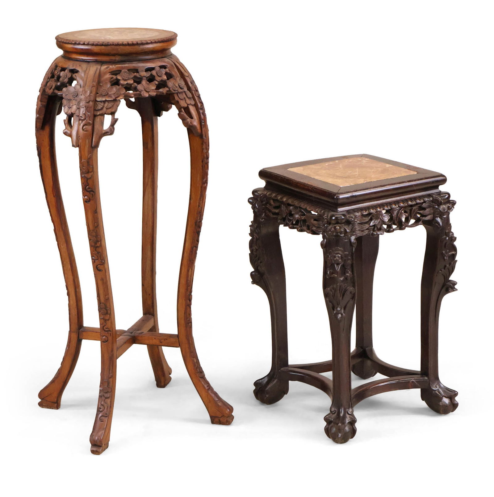 Two Chinese Carved Hardwood Stone Inset Plant Stands: Two Chinese Carved Hardwood Stone Inset Plant Stands 20th C. One square and one round. 23 x 13 3/4 x 13 3/4 in. (58.4 x 34.9 x 34.9 cm.), and 35 3/4 x 16 1/4 in. (90.8 x 41.3 cm.)