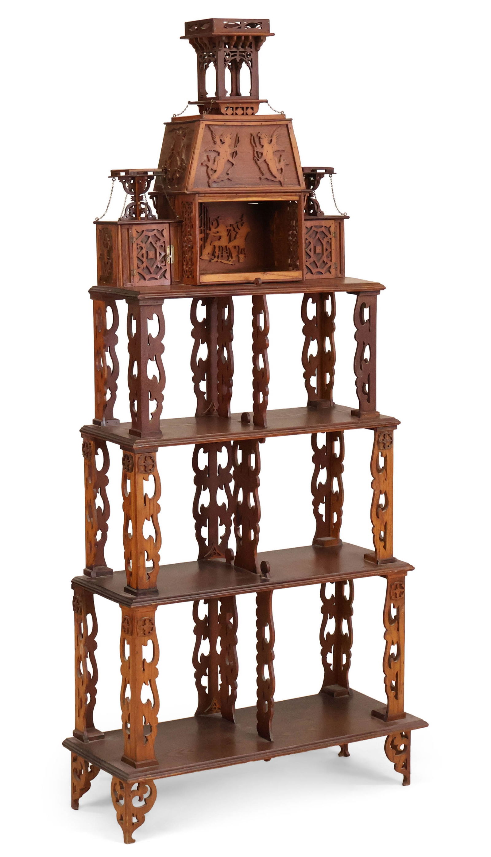 Victorian Walnut and Oak Etagere: Victorian Walnut and Oak Etagere Late 19th C. Losses, wear, surface distress. 66 x 30 x 12 in. (167.6 x 76.2 x 30.5 cm.)