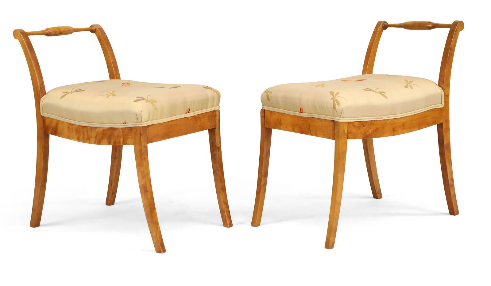 Pair of Neoclassical Fruitwood Stools: Pair of Neoclassical Fruitwood StoolsContinental, 19th C. with dragonfly upholstery.Cracks, losses, surface distress, restorations.23 x 20 1/2 x 13 1/2 in. (58.4 x 52.1 x 34.3 cm.)