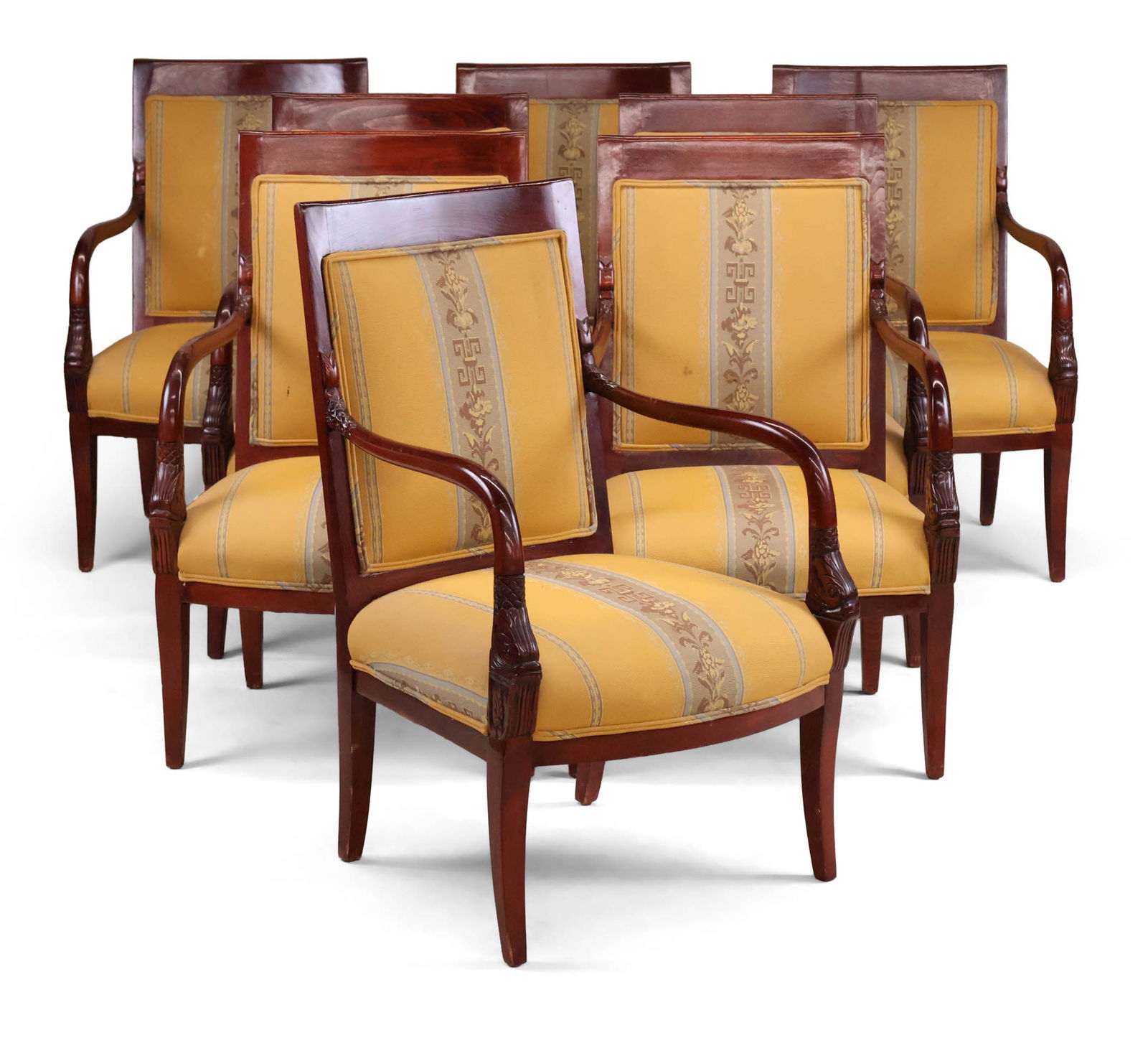 Eight French Empire Style Dining Armchairs: Eight French Empire Style Dining Armchairs20th C. with yellow and blue striped upholstery. Surface distress and wear.37 1/4 x 23 x 20 1/2 in. (94.6 x 58.4 x 52.1 cm.)