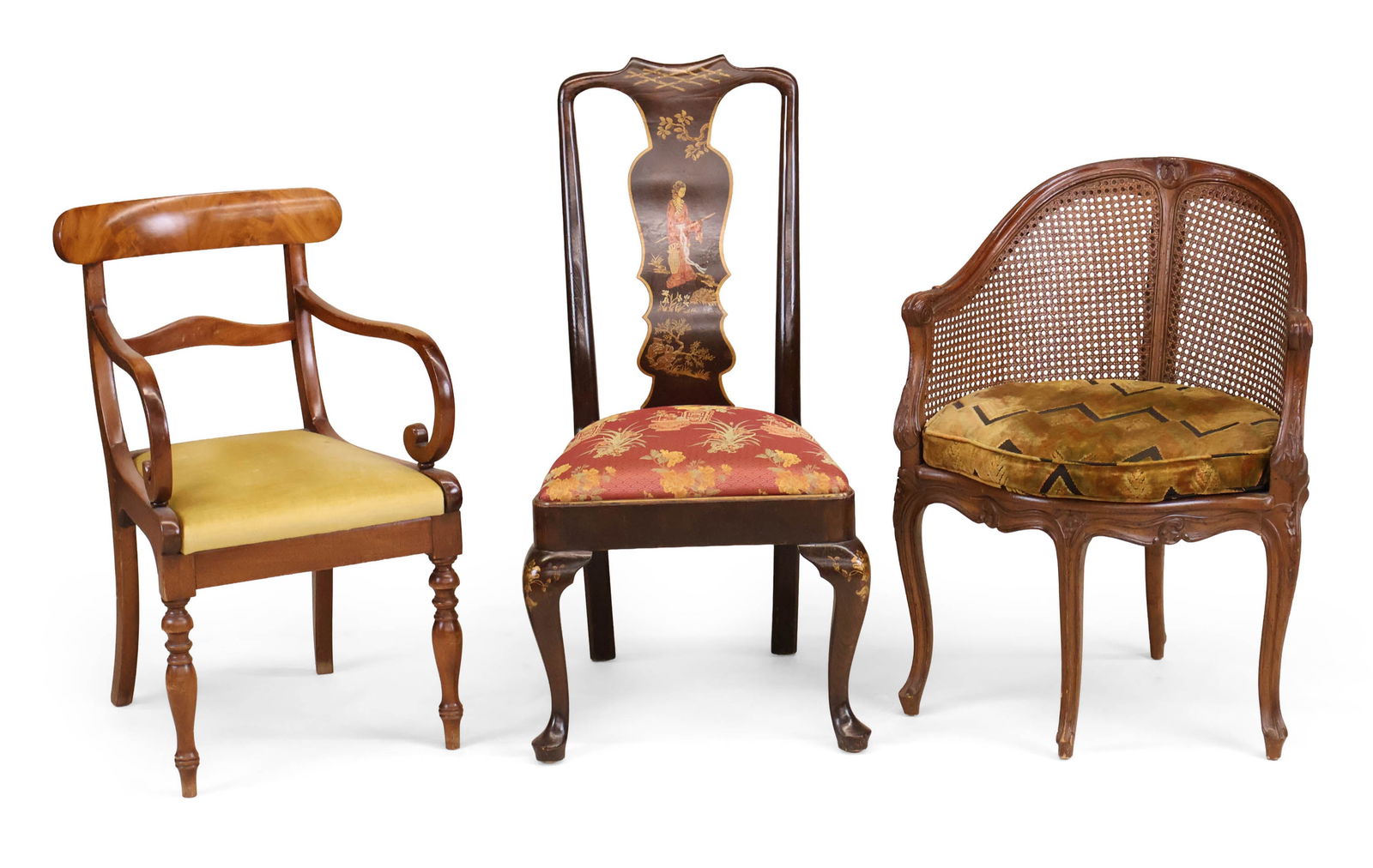 Queen Anne Style Chinoiserie Decorated Side Chair: Queen Anne Style Chinoiserie Decorated Side Chair20th C. Together with a Regency mahogany armchair, English, 19th C. and a Louis XV style carved walnut and caned back tub chair. 3 piecesSurface distre