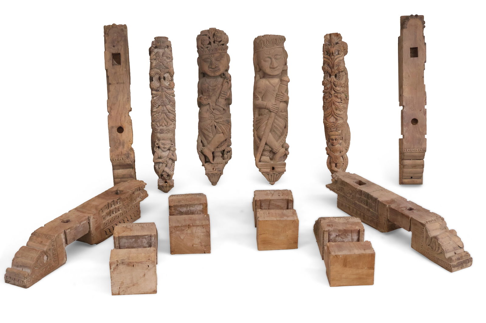 Two Southeast Asian Carved Wood Columns: Two Southeast Asian Carved Wood Columns In multiple parts.