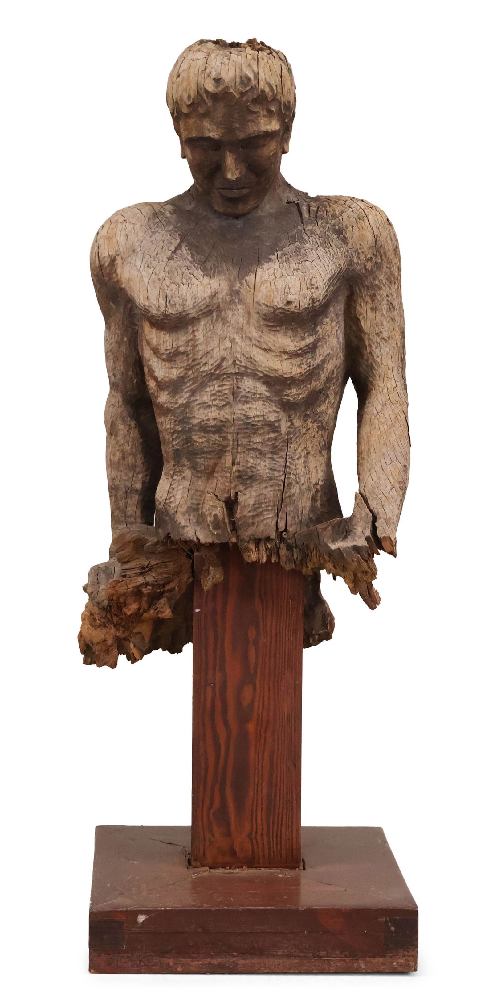 Carved Wood Torso of a Man: Carved Wood Torso of a Man 20th C. mounted on a wood stand. 52 1/2 x 19 x 19 in. (133.4 x 48.3 x 48.3 cm.)