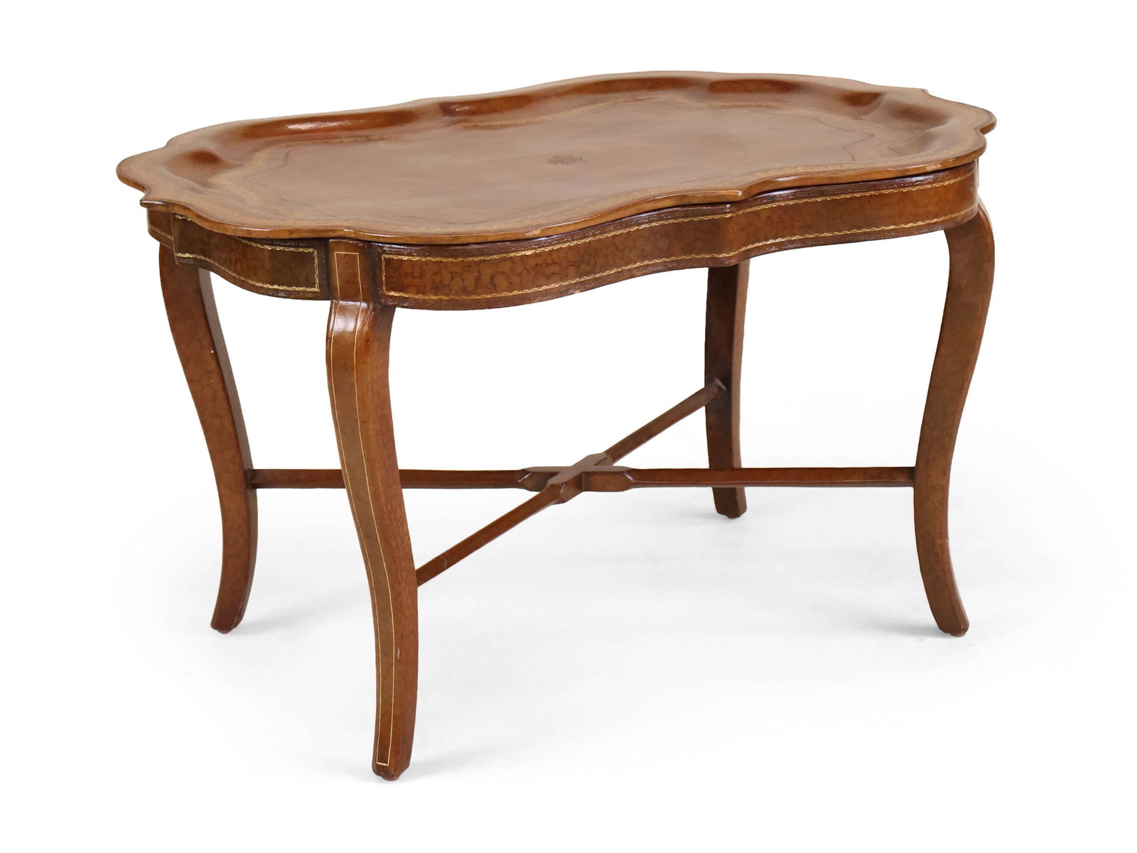 Tooled Leather Tray on Stand: Tooled Leather Tray on Stand Probably Continental, 20th C. 18 1/2 x 31 1/2 x 24 in. (47 x 80 x 61 cm.)