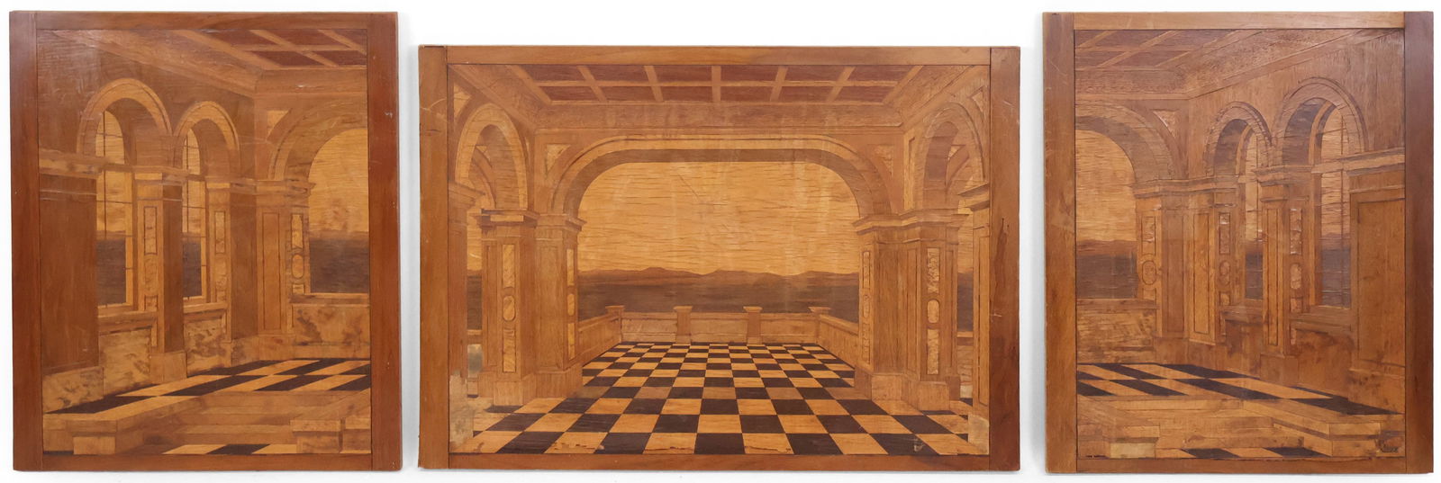 Three Inlaid Wood Panels of Architectural Scenes: Three Inlaid Wood Panels of Architectural Scenes 20th C. two sizes. Wear, surface distress. 18 x 21 3/4 in. (45.7 x 55.2 cm.), and 20 x 28 in. (50.8 x 71.1 cm.)