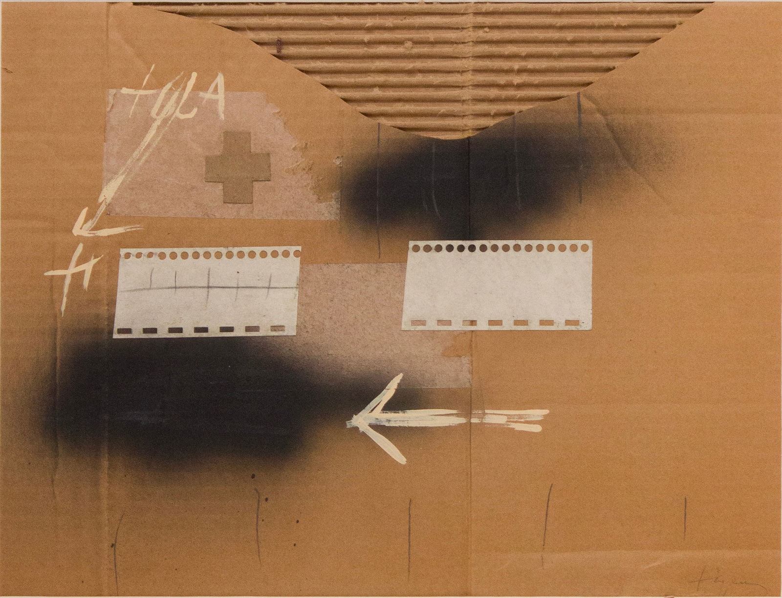 Antoni Tapies, Spanish 1923-2012, Abstract Collage, Mixed Media: Antoni TapiesSpanish, 1923-2012Abstract CollageMixed MediaSigned in pencil l.r. Together with a cartoon mixed media sketch, inscribed "Said the Captain to the Bos'n".Sight: 12 3/4 x 17 in. (32.4 x 43.