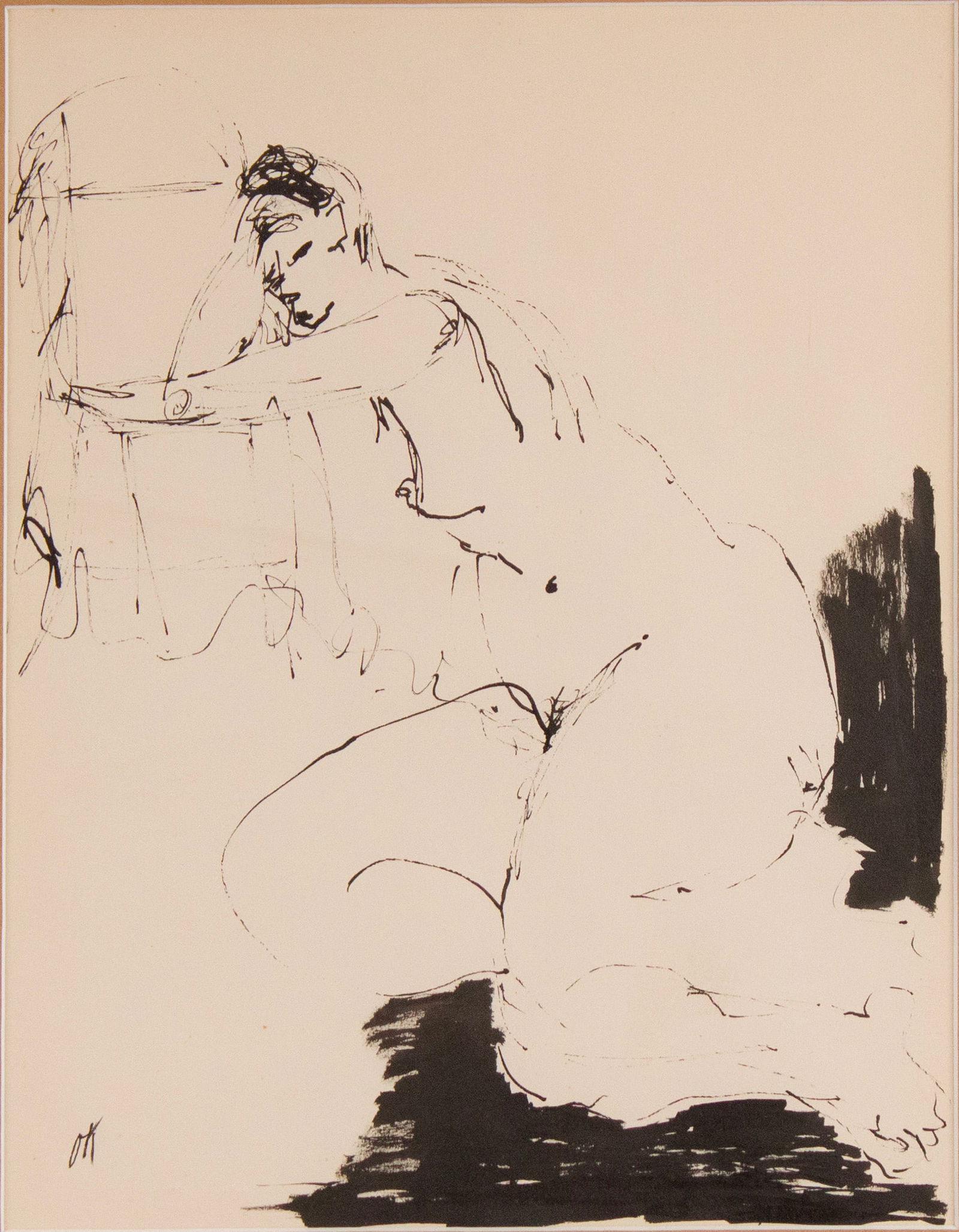 Oskar Kokoschka, Austrian 1886-1980, Abstract Figural Drawing, Ink on Paper: Oskar KokoschkaAustrian, 1886-1980Abstract Figural DrawingInk on PaperInitialed "OA" l.l.Largest Sight: 13 x 10 in. (33 x 25.4 cm.), Frame: 27 1/2 x 23 1/4 in. (69.9 x 59.1 cm.)