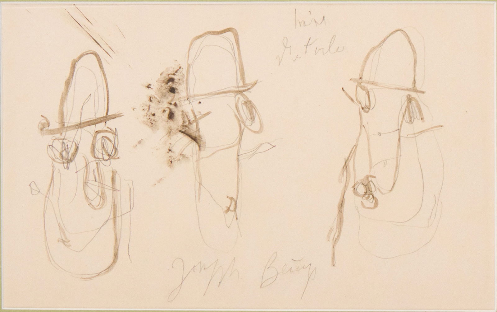 Joseph Beuys, German 1921-1986, Three Abstract Figures, Ink on Paper: Joseph BeuysGerman, 1921-1986Three Abstract FiguresInk on PaperSigned l.c.Sight: 6 1/4 x 10 in. (15.9 x 25.4 cm.), Frame: 18 3/4 x 24 3/4 in. (47.6 x 62.9 cm.)