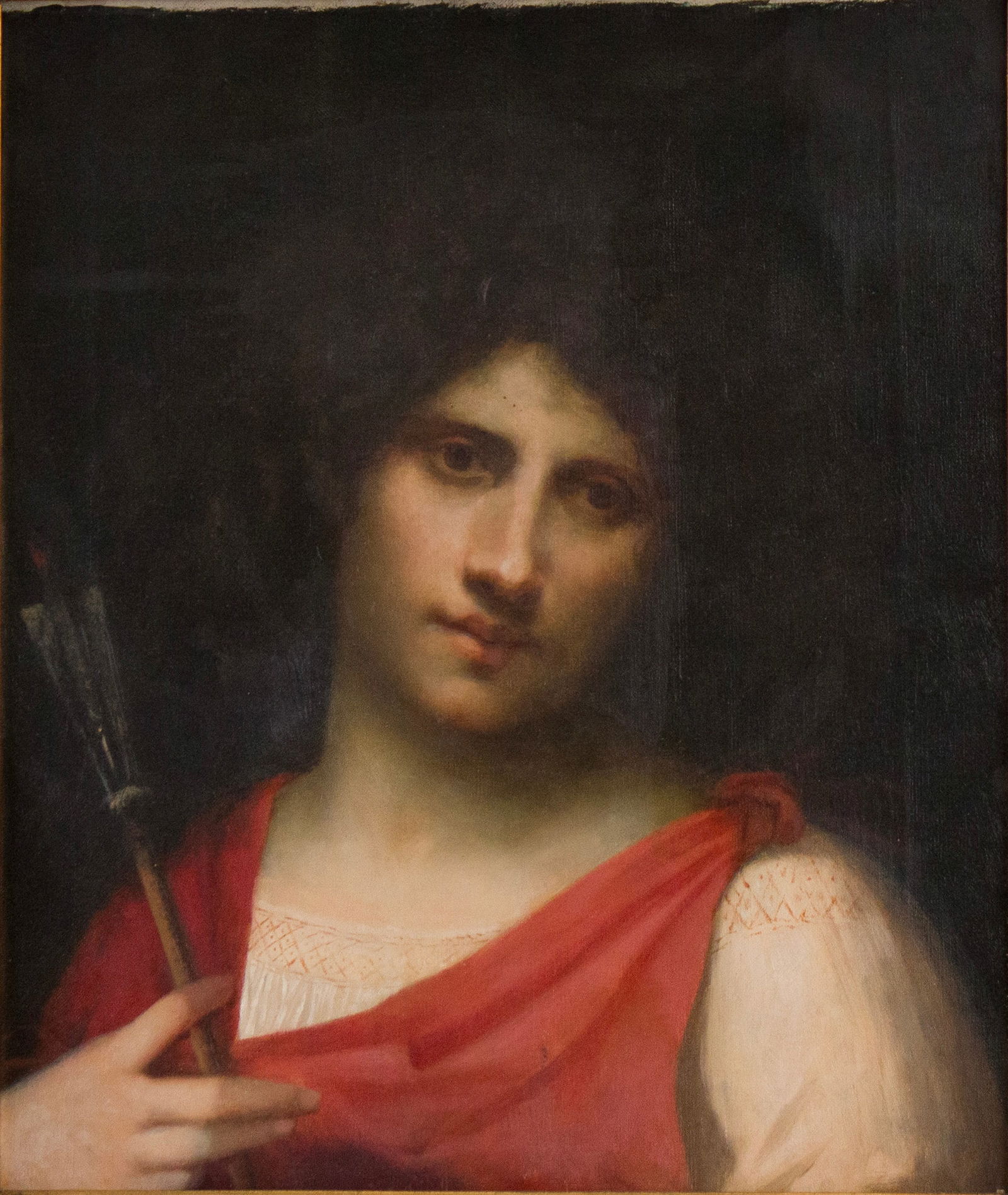 Attributed to Eduard Veith, Austrian 1856-1925, Young Man with Arrow, Oil on Canvas: Attributed to Eduard Veith Austrian, 1856-1925 Young Man with Arrow Oil on Canvas 19th C. After "Young Man with Arrow" by Giorgione, 1505. Labeled verso and stamped "Sammluug Hirschler" Sight: 18
