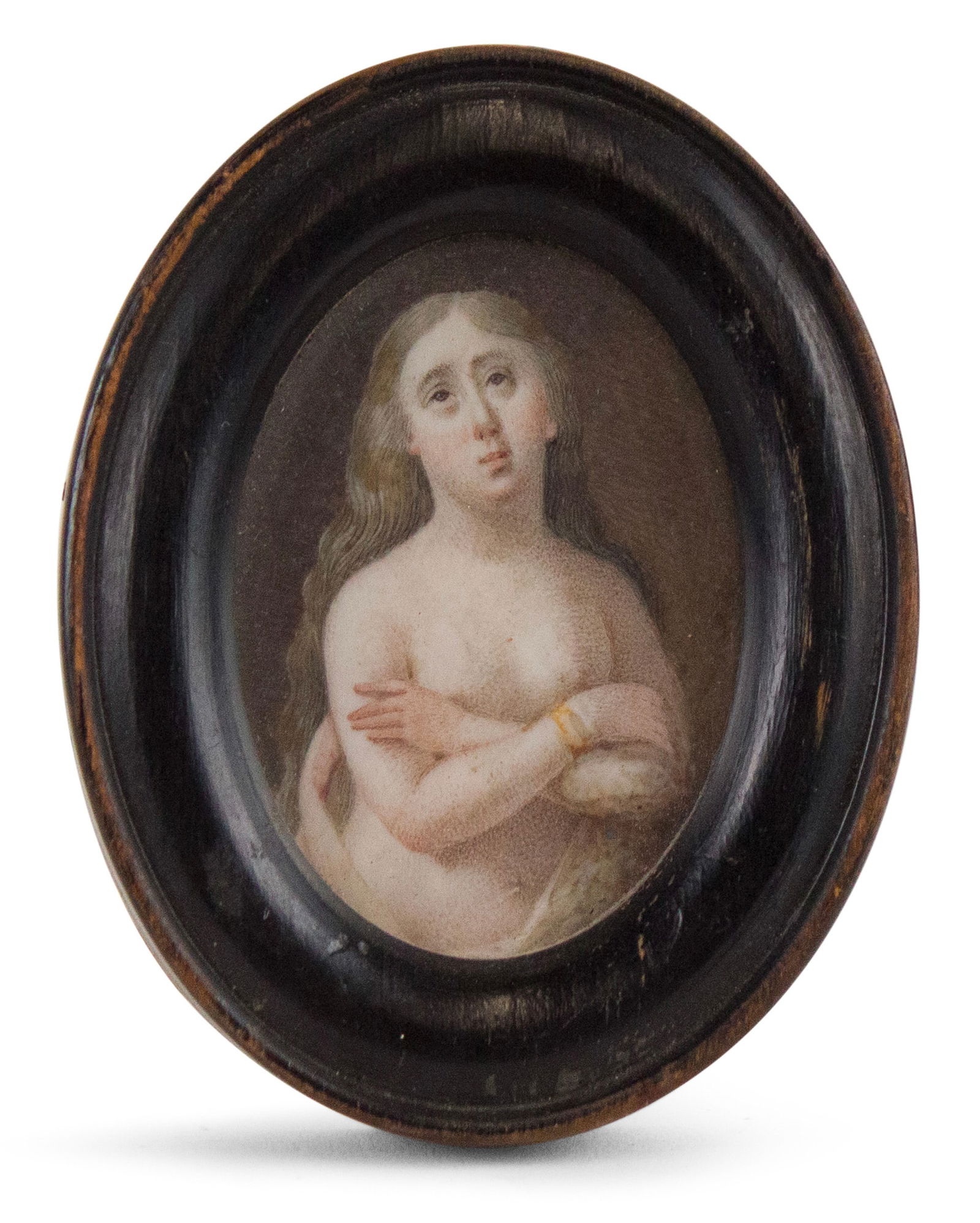 Portrait Miniature of a Bather: Portrait Miniature of a Bather European, 19th C. depicting a nude woman with arms crossed. Sight: 2 x 1 1/4 in. (5.1 x 3.2 cm.), Frame: 3 x 2 1/4 in. (7.6 x 5.7 cm.)