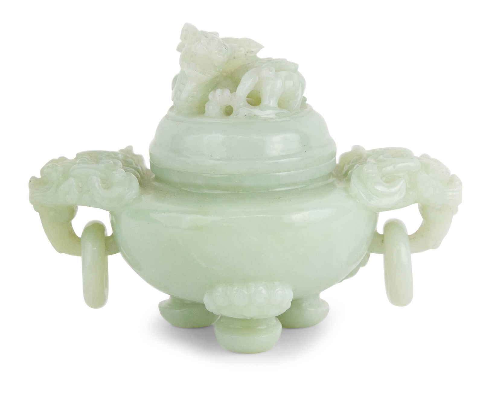 Chinese Pale Celadon Nephrite Jade Covered Censer: Chinese Pale Celadon Nephrite Jade Covered Censer Late 19th/early 20th C. with ring handles and tripod feet, ring handles with dragon mask tops. 4 1/2 x 6 1/4 x 4 1/4 in. (11.4 x 15.9 x 10.8 cm.)