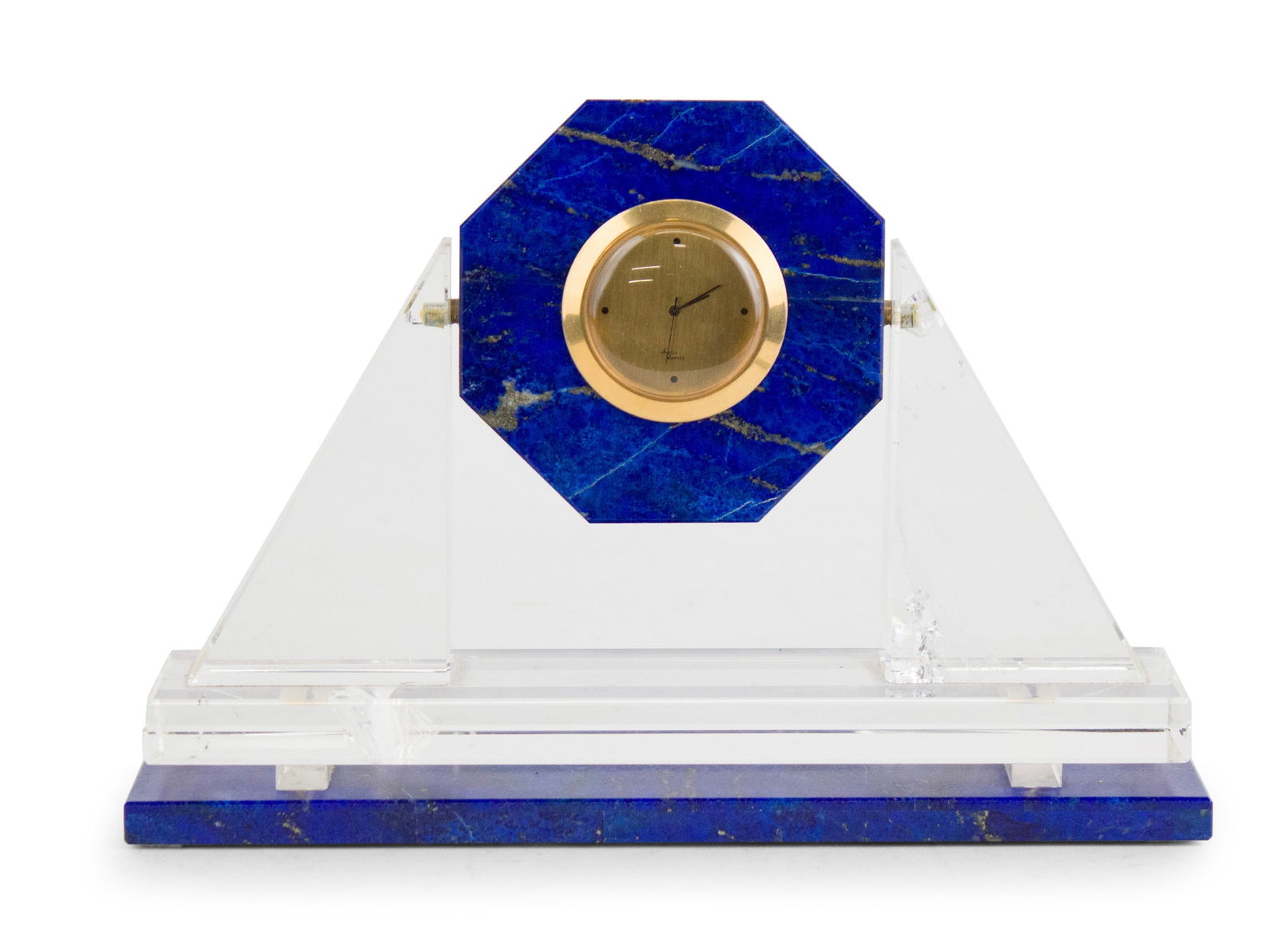 Sergio Nardi Rock Crystal and Lapis Lazuli Desk Clock: Sergio Nardi Rock Crystal and Lapis Lazuli Desk Clock Quartz, self-winding, San Marco Square, Venice Italy, with imported Swiss made quartz movement, c. third quarter of the 20th C. Labeled