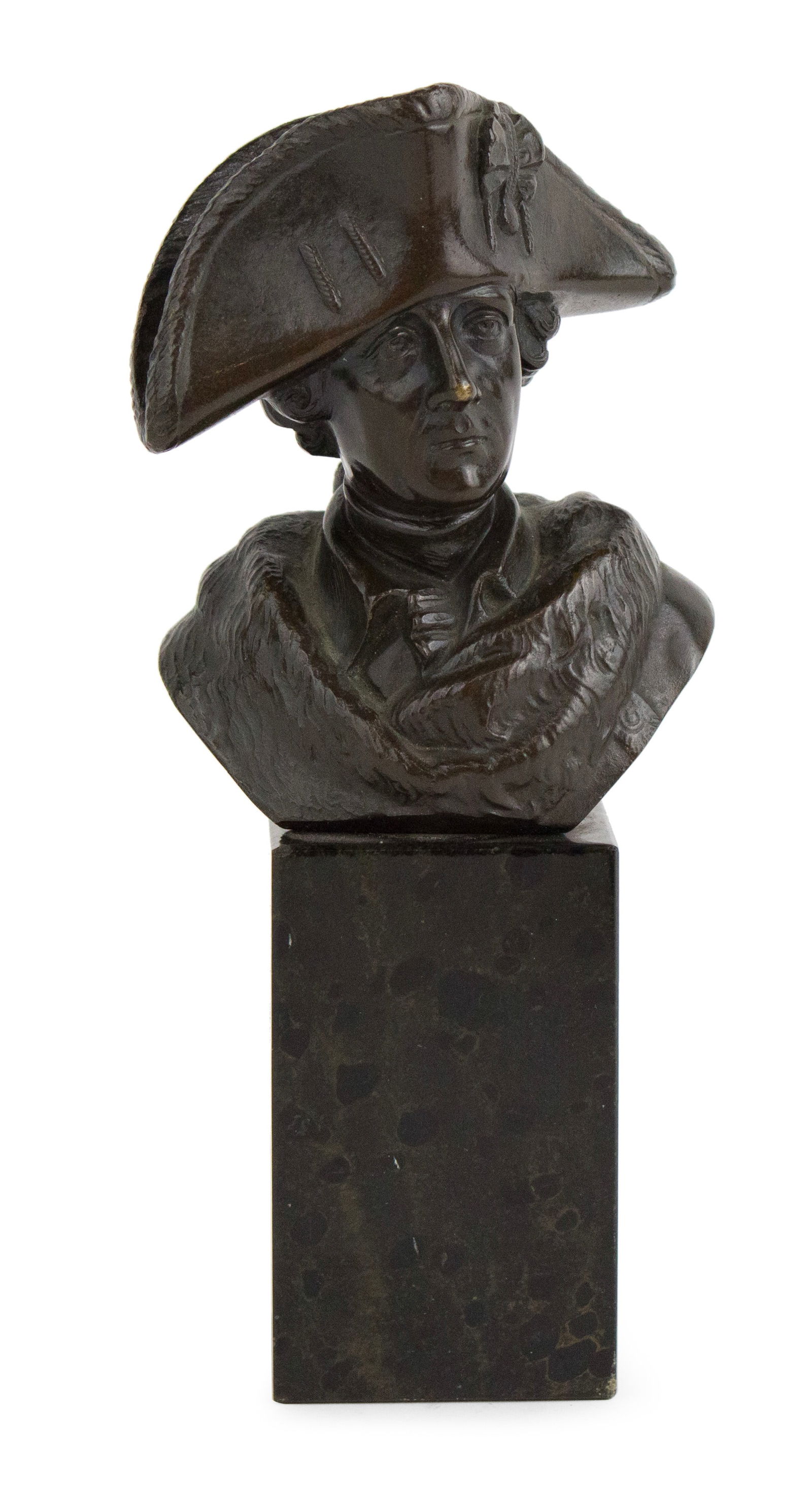 Bust of Frederick II, Bronze: Bust of Frederick II Bronze Frederick the Great of Prussia, on marble base. 6 3/4 x 3 x 2 1/4 in. (17.1 x 7.6 x 5.7 cm.)