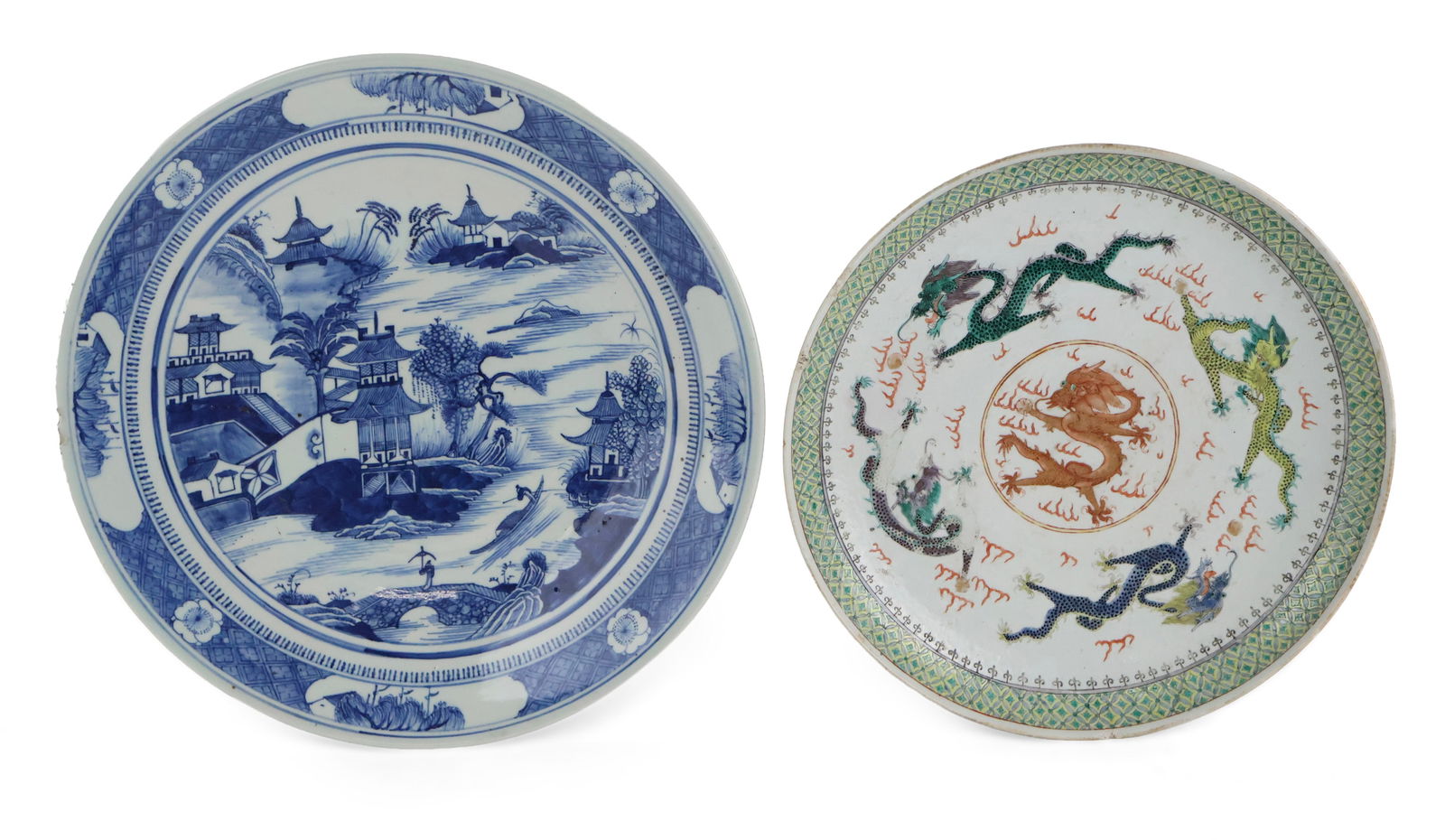 Chinese Famille Verte Dragon Decorated Charger: Chinese Famille Verte Dragon Decorated Charger With six character mark verso. Together with a blue and white blue canton charger. Chips, cracks, surface distress. 2 x 13 1/2 in. (5.1 x 34.3 cm.),