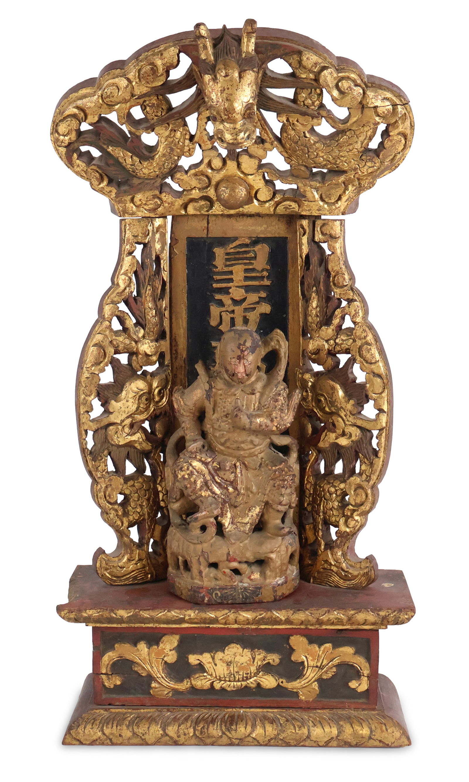 Chinese Carved and Gilt Altar: Chinese Carved and Gilt Altar 19th/20th C. with Immortal figure. Losses, surface distress. 22 1/4 x 11 1/4 x 4 1/4 in. (56.5 x 28.6 x 10.8 cm.)